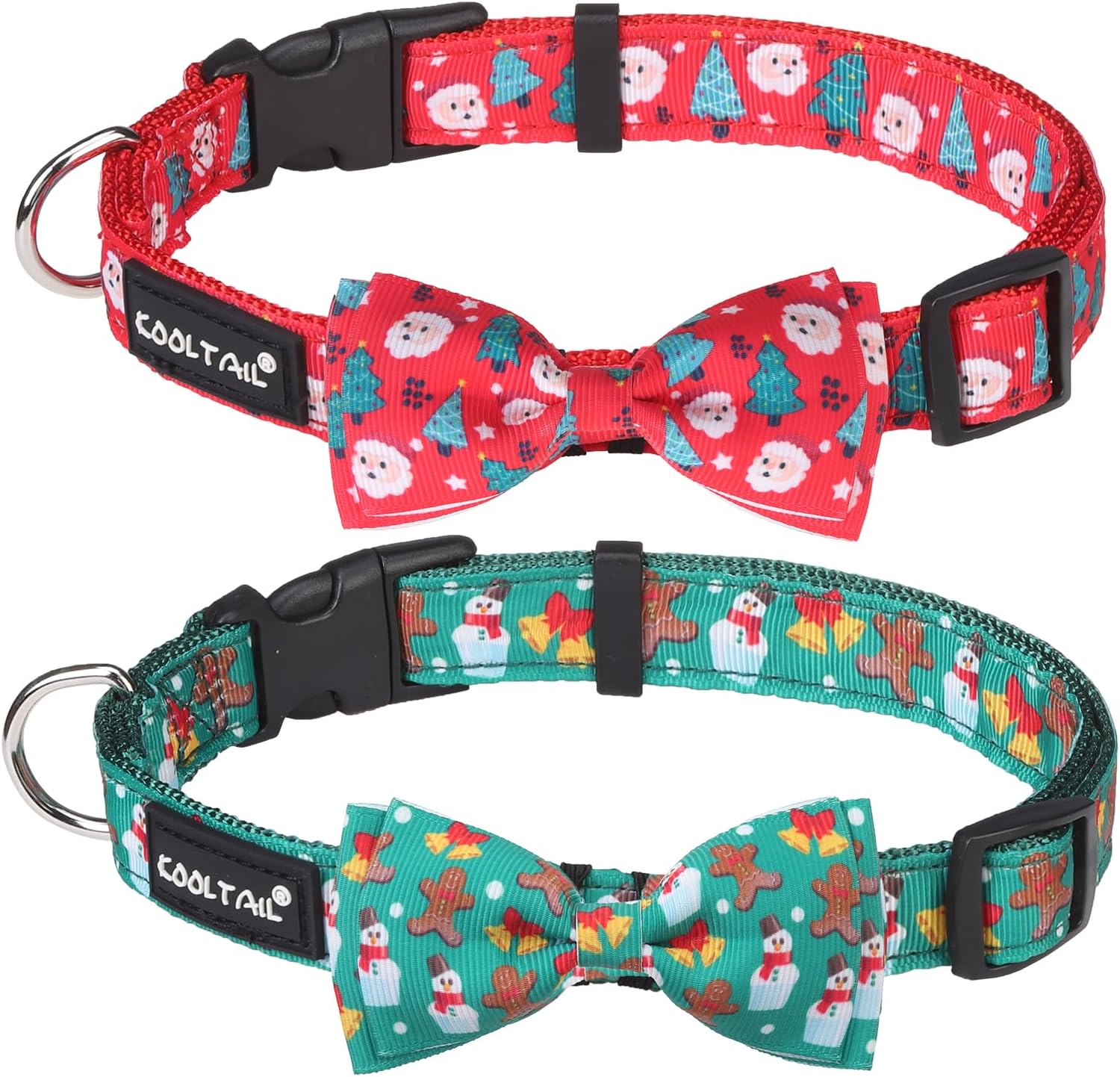 KOOLTAILChristmas Dog Collar 2 Pack Adjustable Holiday Dog Collars with Bow Tie, Festival Print Dog Christmas Collars for Small Medium Large Dogs Pets Boys and Girls