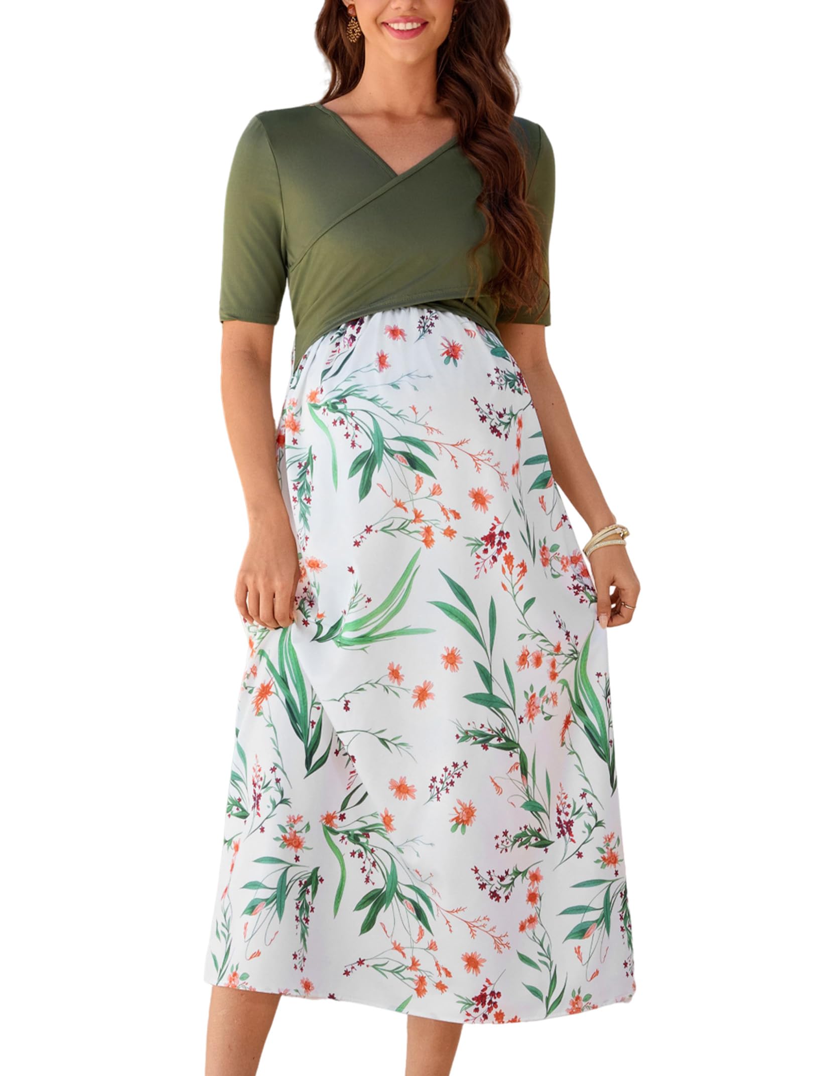 YesFashion Damen Umstandskleid Lang Stillkleid Sommer Umstandsmode Kleid v-Ausschnitt Halbarm Kleider Für Schwangere