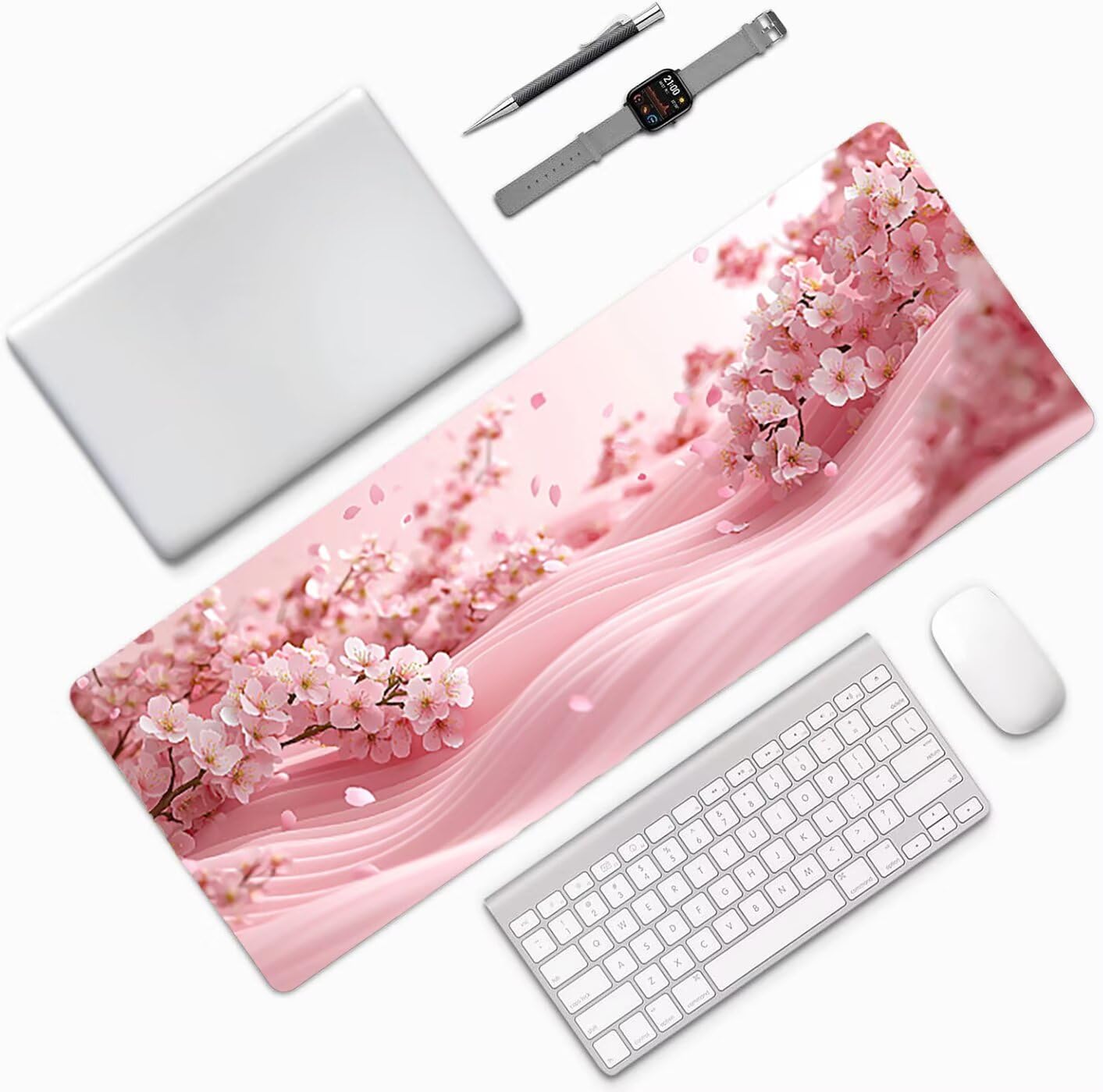 Lpfieonn Kirschblüten Großes Schreibtischunterlage, XXL Schreibtischunterlagen, Rosa XXL Wasserdicht Gaming Mousepad mit Vernähter Rand und Rutschfeste Gummibasis, für Hause/Büro 120x60cm PF-2067