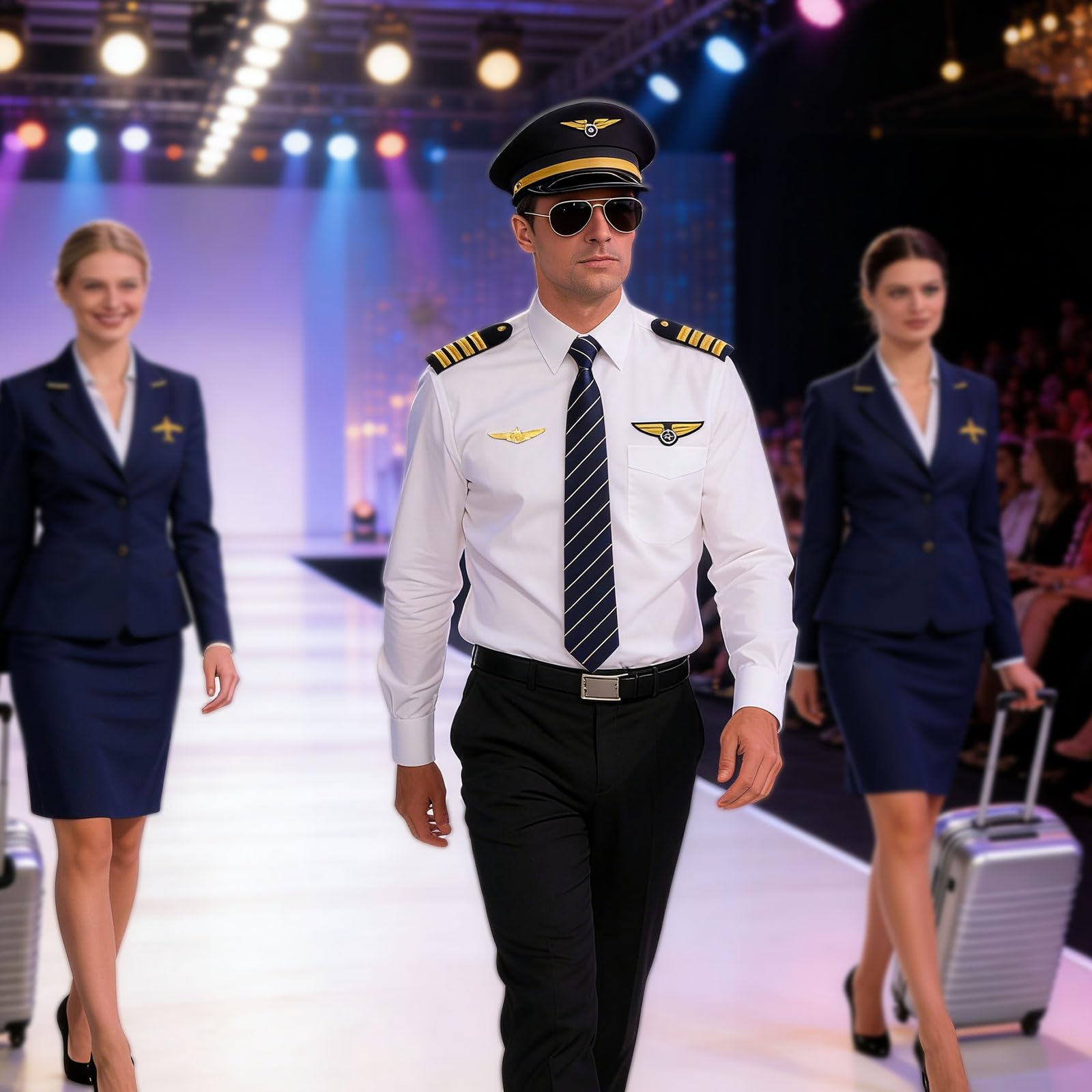 7-teiliges Pilotenkapitändler-Kostüm-Zubehör-Set, Halloween, Militär, Flugzeug, Kapitän-Kostüm, Kostüm-Set, Fliegerhut, Armband, Abzeichen, Krawatte, Brille, für Cosplay, Kostümparty