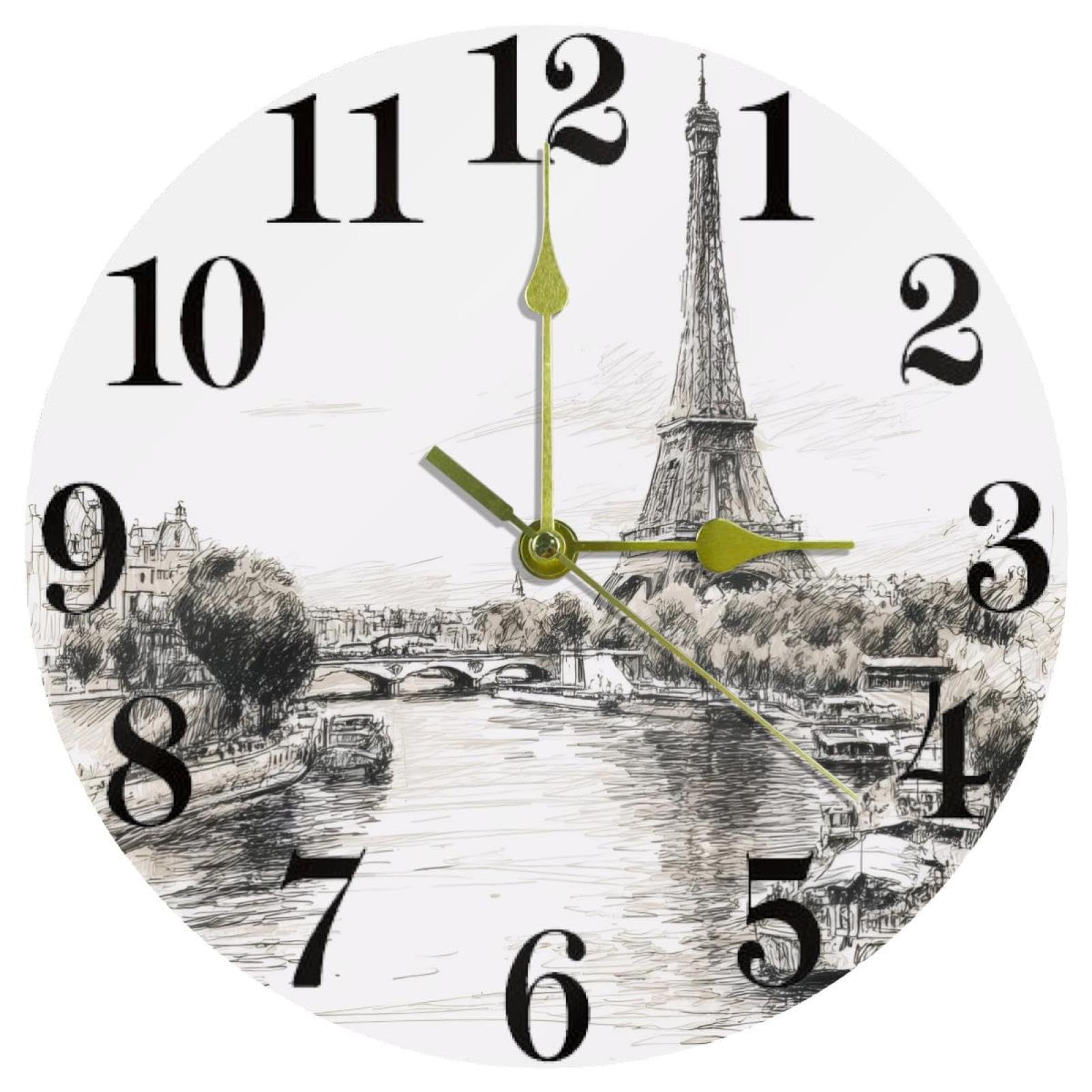 VAPOKF Eiffel Tower and the River Seine Wall Clock, Silent Non Ticking Quartz Battery Operated Round Wall Clocks Home/Kitchen/Office/School Clock
