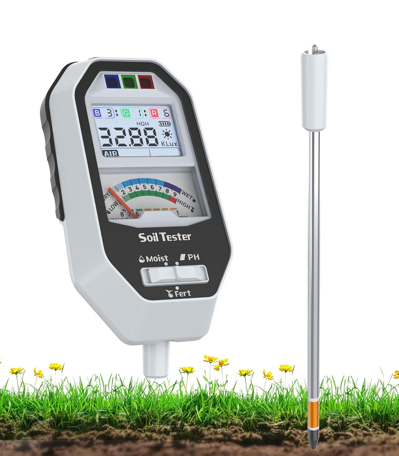 Soil Moisture Meter, 7-in-1 Soil PH Tester/Soil Moisture/Fertility with Removable Probe, LCD Display Air Temp/Air Humidity/Sunlight Intensity/BGR Spectral for Plants Garden, Lawn,Indoor Outdoor Plants White