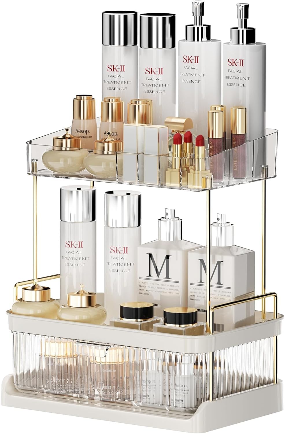 Earwig Makeup Storage Rack, 2 Tier Bathroom Vanity Tray for Perfumes, Makeups, Toiletries and Skincare, Cosmetic Storage Rack,Jewelry, Decorative Metal Vanity Tray for Dresser and Countertop