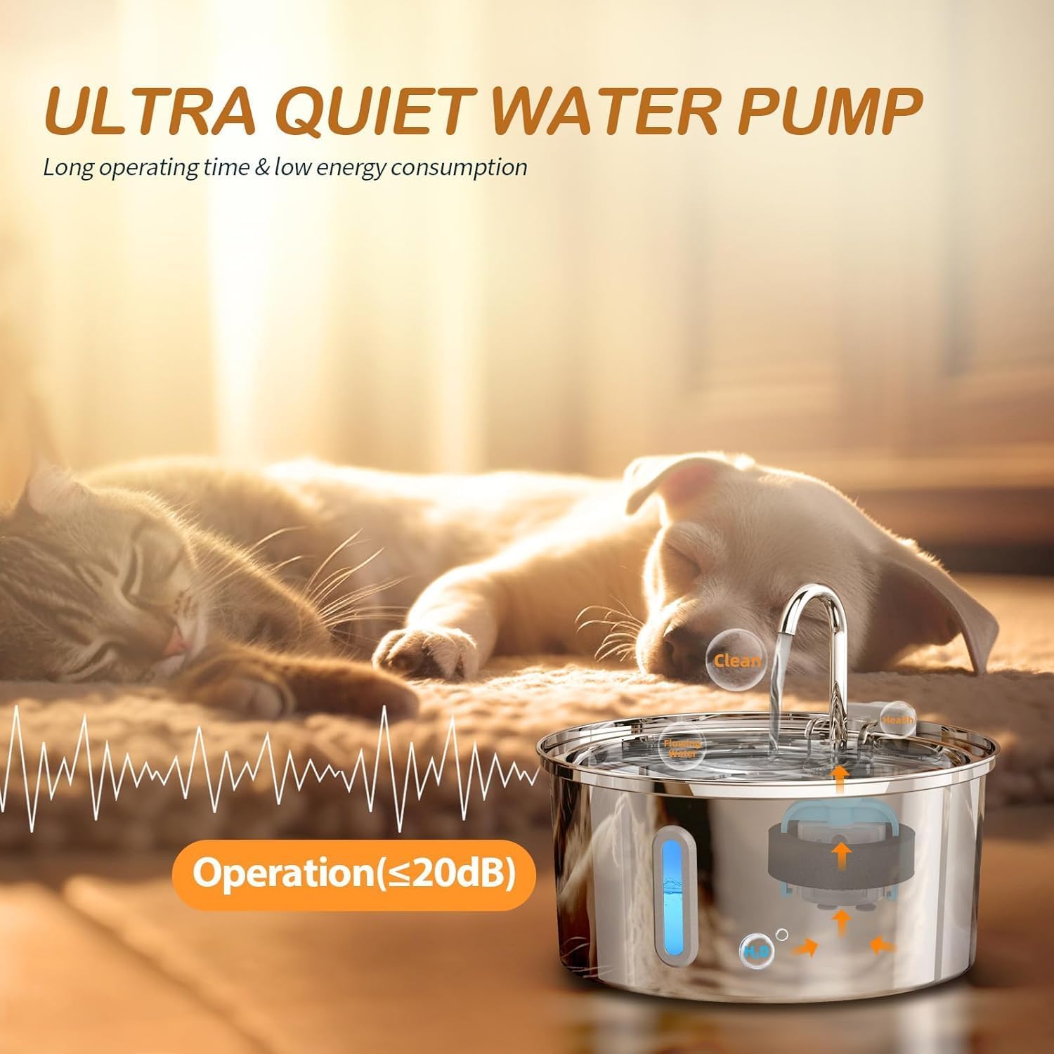 Foliam® Cat Water Fountain - 3.2L/108oz Stainless Steel Pet Water Drinking Fountain for Cats Indoor, Dog Water Fountain with Water Level Window (Steel, Round 3L-1) 3
