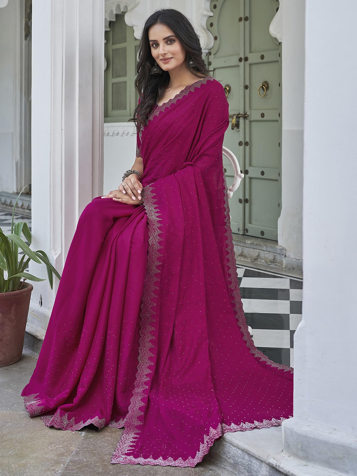 Satrani Women's Satin Hot Fixing Border Embellished Saree With Unstitched Blouse Piece (3762S381N_Dark Magenta)