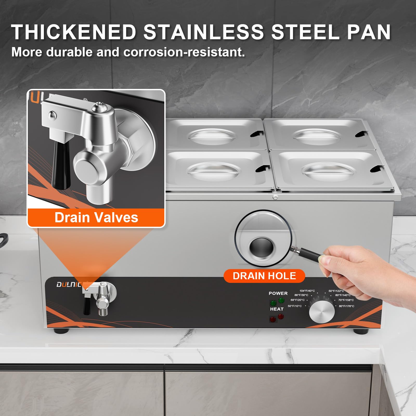 Scaldavivande Elettrico bagnomaria Bain Marie Professionale, pomello in Metallo, Acciaio Inossidabile per Buffet con 6X 1/6 Pentole con coperchi, con 2 Cucchiaio da Minestra, con Rubinetto