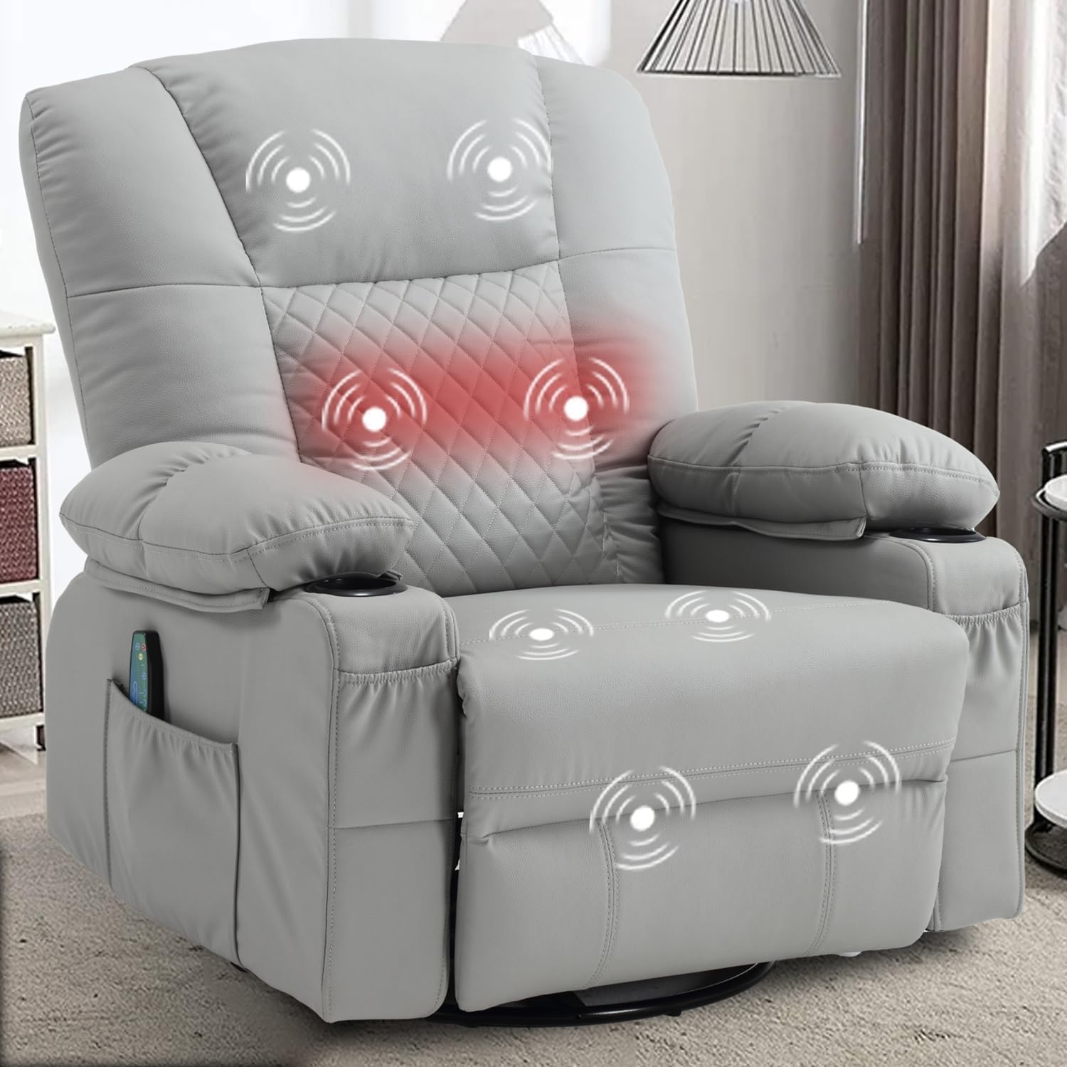 Oversize Swivel Rocker Recliner, with Massage Heat, with Cup Holders, USB Charge Port, Overstuffed Single Sofa Lounge Chairs for Living Room, Bedroom, Adults, Home Theater Seating