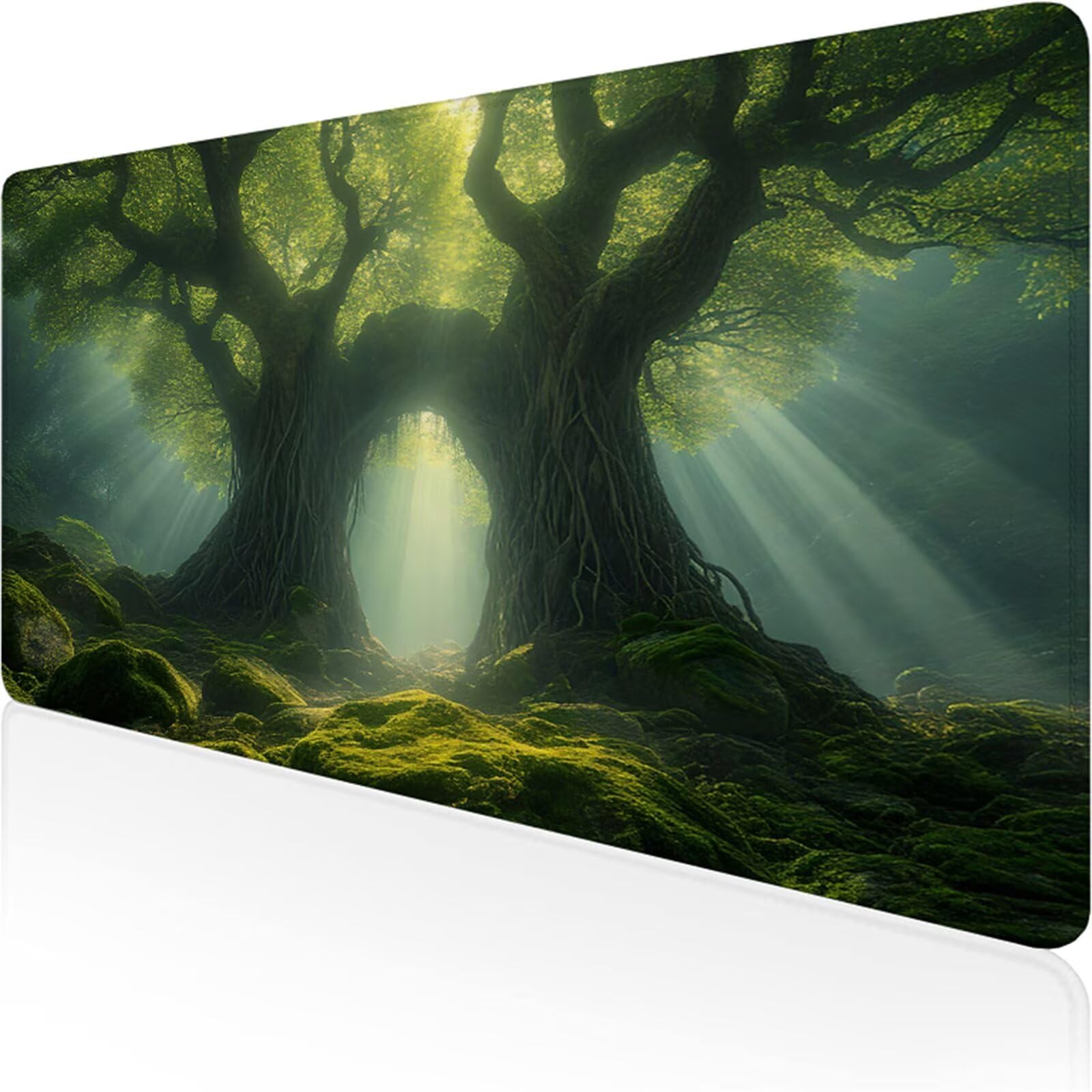 Zielona podkładka pod mysz dla graczy XXL 1400 x 600 x 3 mm, pod ręką las na biurko z antypoślizgową i wodoodporną gumową podkładką pod mysz, gładka powierzchnia poprawia precyzję i szybkość D1-255