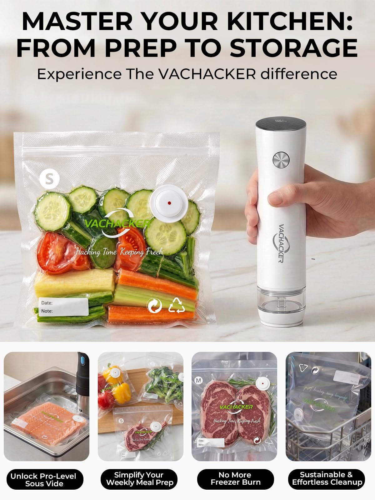 Envasadora al Vacío, Vachacker Maquina Vacio Alimentos Portátil | Envasadora al Vacío domestica con Tanque Visible para Uso Doméstico y Comercial, Potente de -60kPa, Incluyendo 30 Bolsas