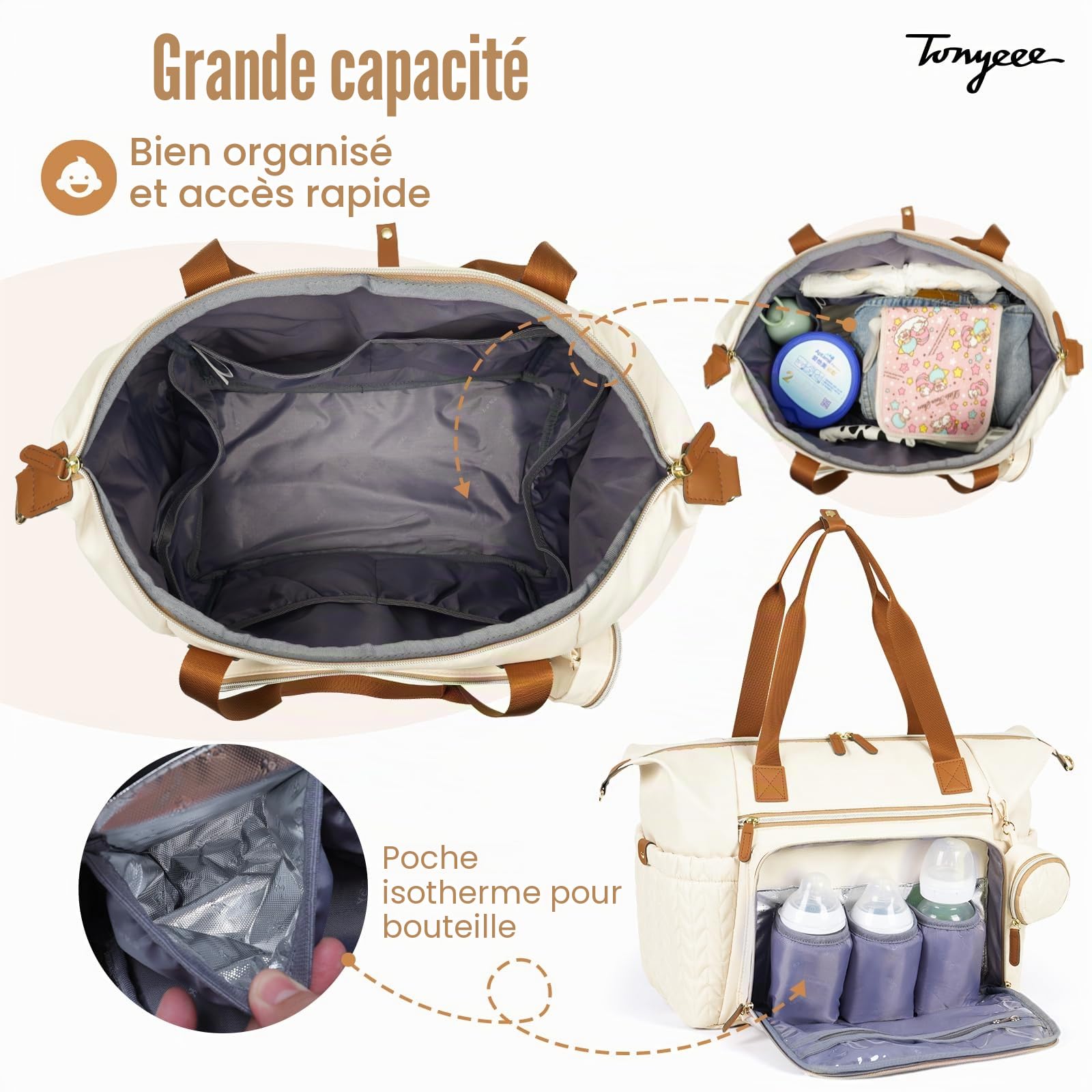 Grand sac à langer imperméable pour accouchement avec étui à tétine, matelas à langer, bandoulière - Beige