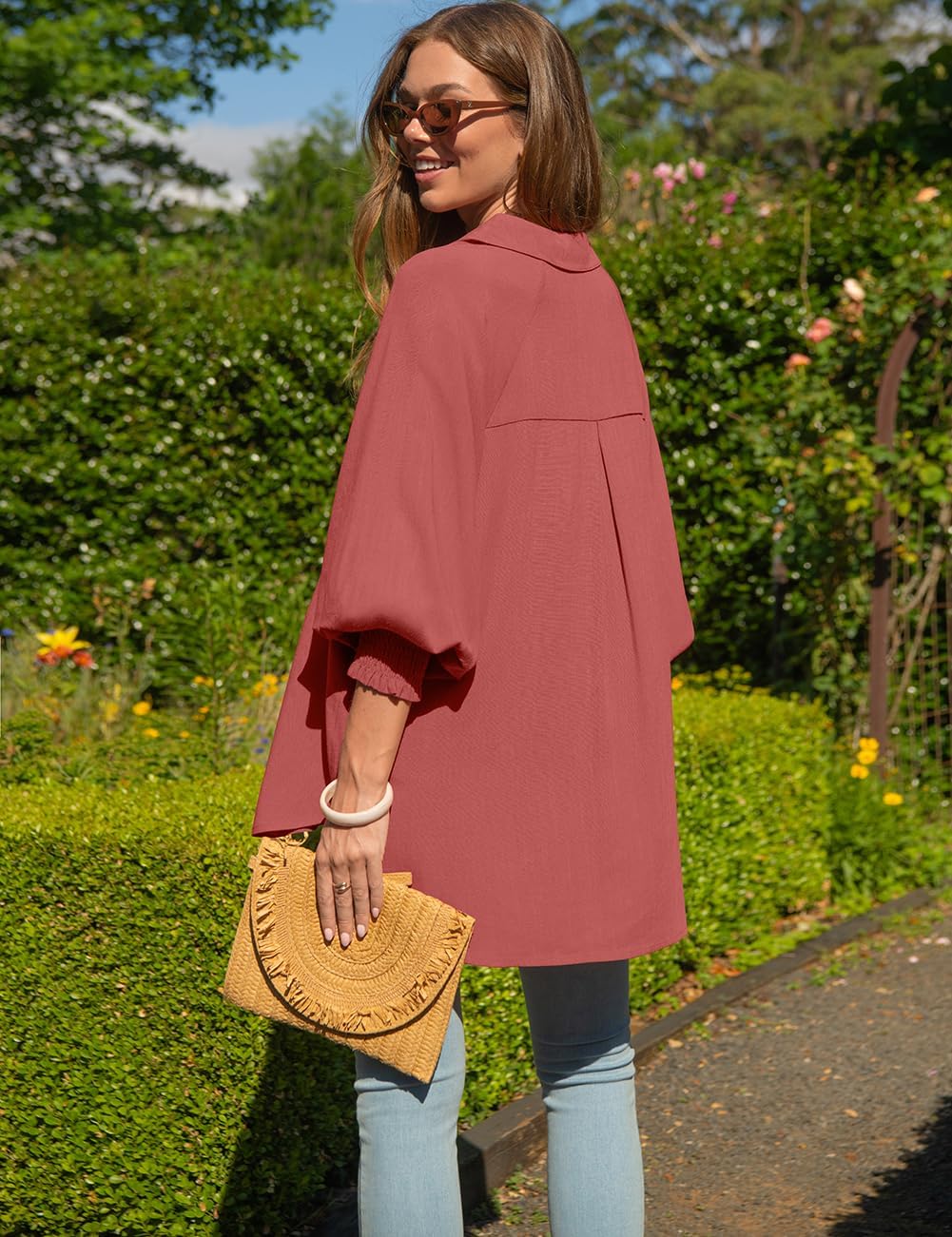 TARSE Women Linen Shirt Smocked Cuffed Casual Collar Long Sleeve Oversized Button Down Blouse Tops Boyfriend Shirt - Image 5