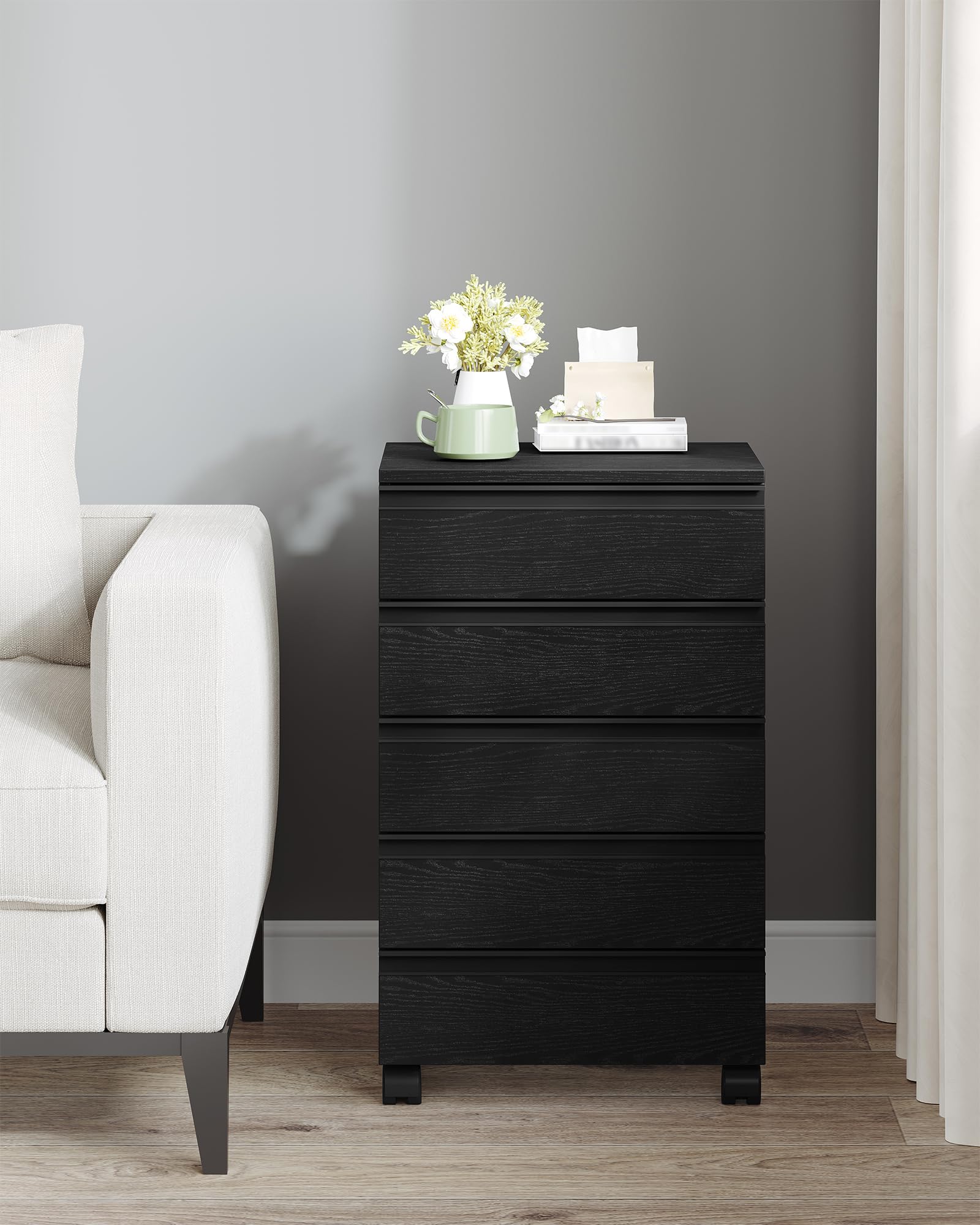 Hzuaneri Caisson de Bureau avec 5 tiroirs, Meuble de Bureau, Casier sur roulettes, Armoire à tiroirs pour télétravail, Noir 40 x 40 x 70 cm FC55504X