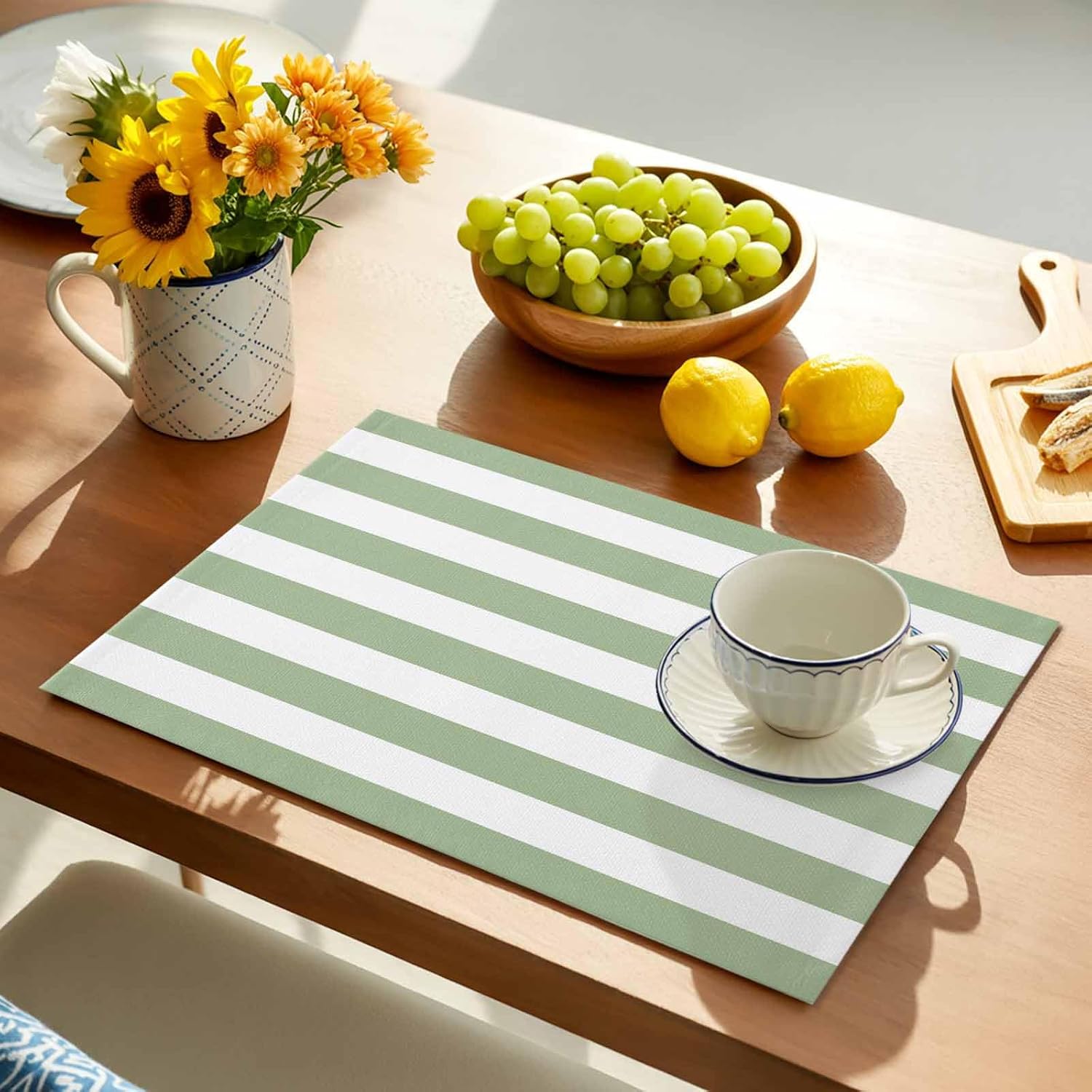 Geometric Sage Placemats Set of 6 Green Stripes Place Mats Washable Table Mats for Party Kitchen Dining Decoration, 13 X 19 Inch