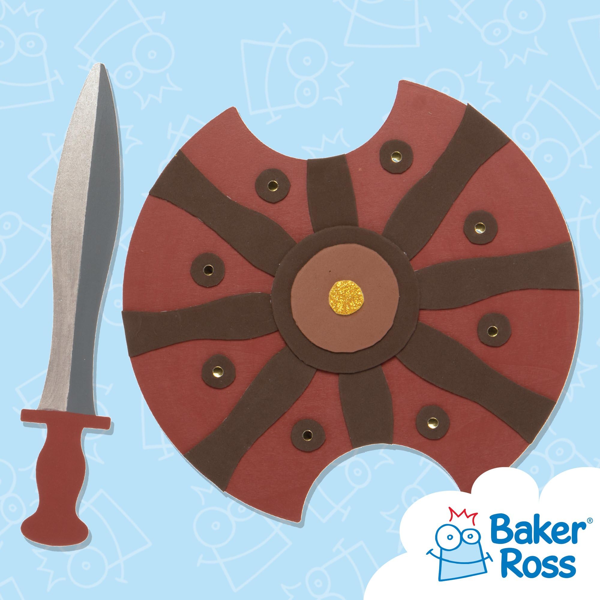 Baker Ross FE458 Gladiator drewniane miecze i tarcze - zestaw 2 sztuk, drewniany miecz i tarcza do dekoracji, pomaluj własne zestawy dla dzieci, wyszukany zestaw dla dzieci