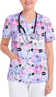 Women's V-Neck Medical Scrubs Top - Personalized Digital Graphic Printed Nursing Uniform, with 3 Pockets