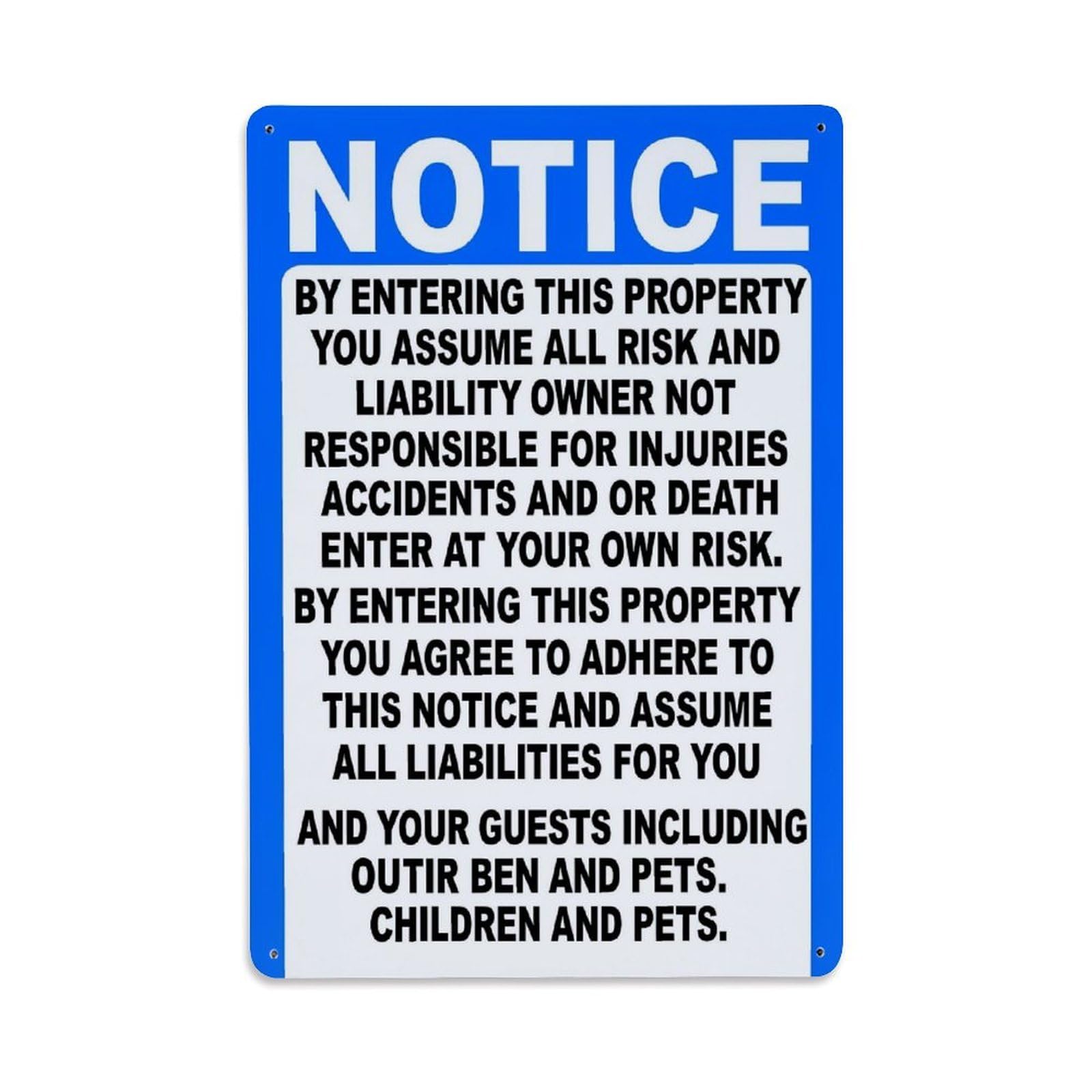 Jdyaojiesheng Vintage Notice Warning Liability Risk Property Tin Sign Retro Metal Wall Decor Metal Poster, Home Bar Garage Farmhouse Cafe Wall Art Decoration 8X12inches