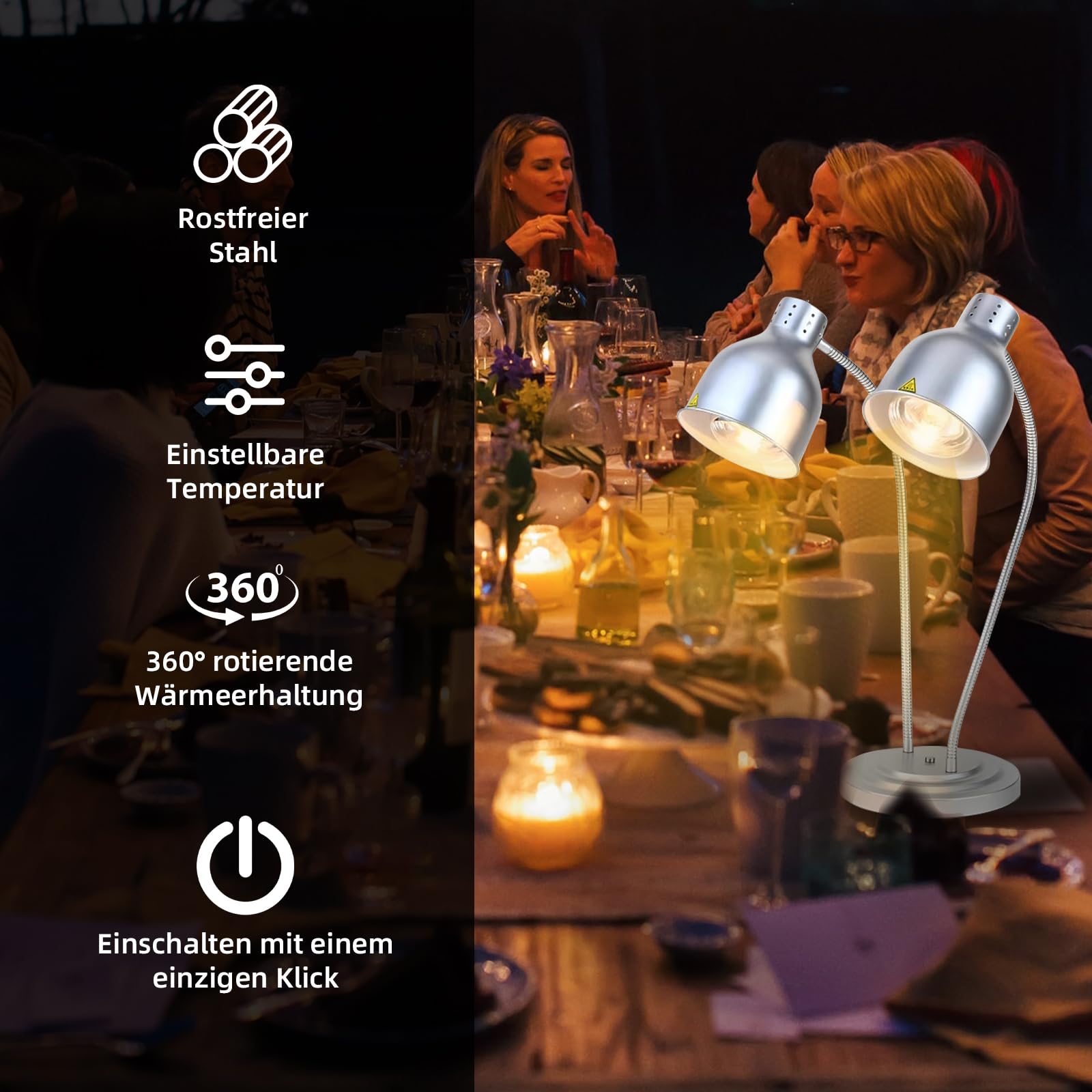 Lampe chauffante de cuisine - 250 W - Lampe infrarouge - Double tête - Autonome - Pour buffets, salle à manger, hôtels, commerciaux, maintien au chaud - Argenté