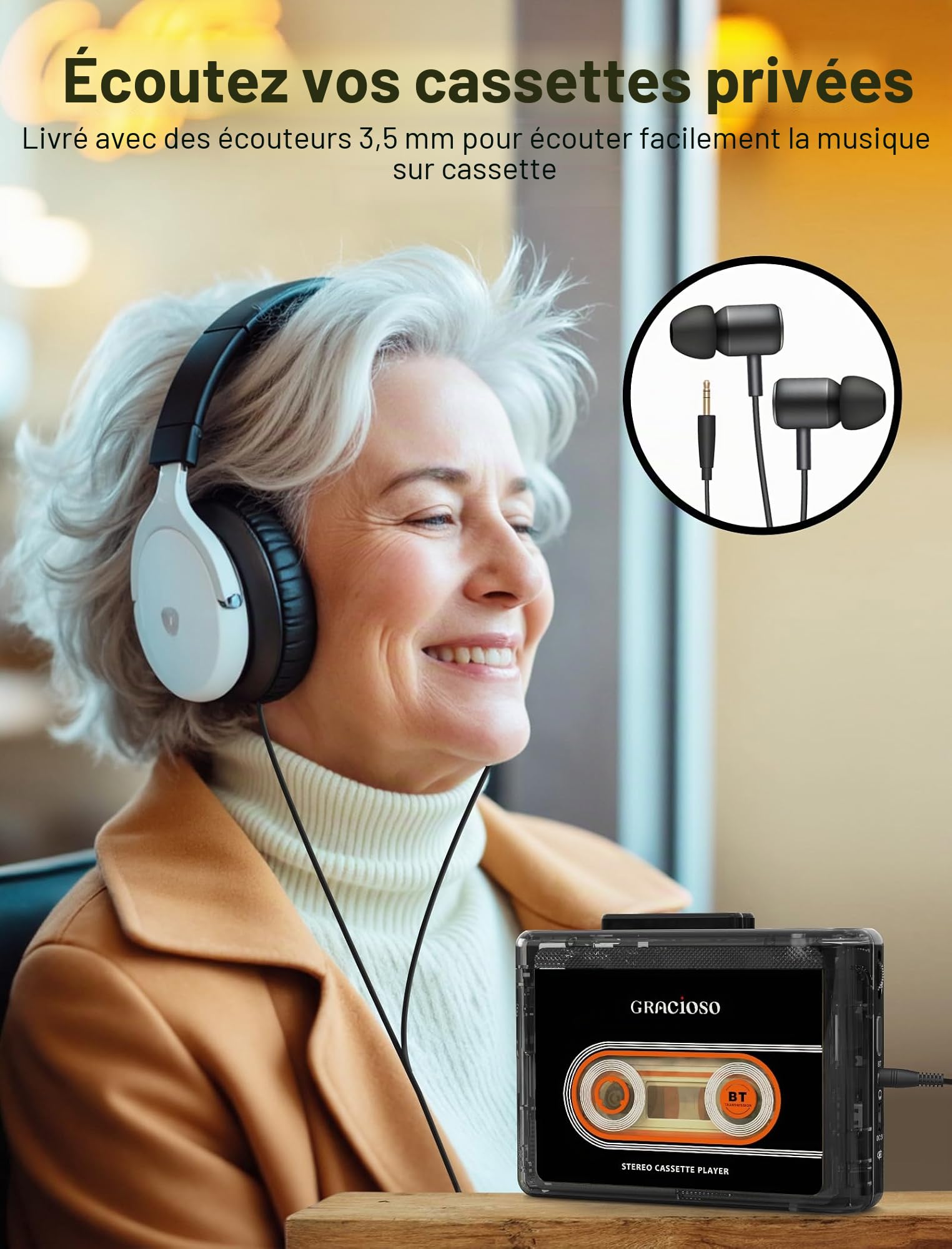 Lecteur cassette Bluetooth avec batterie rechargeable de 1100 mAh, lecteur cassette compact vintage avec écouteur, lecteur microcassette avec clip arrière pour la maison, le parc (Noir)