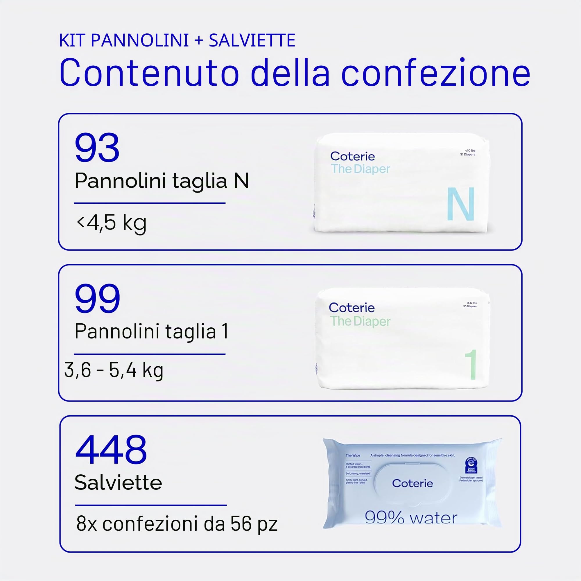 Coterie Kit salviettine per bambini + pannolini, taglia 1 (99 pezzi) e pannolini per neonati (93 pezzi), confezione da 8 (448) salviette per bambini con il 99% di acqua, materiali a base vegetale
