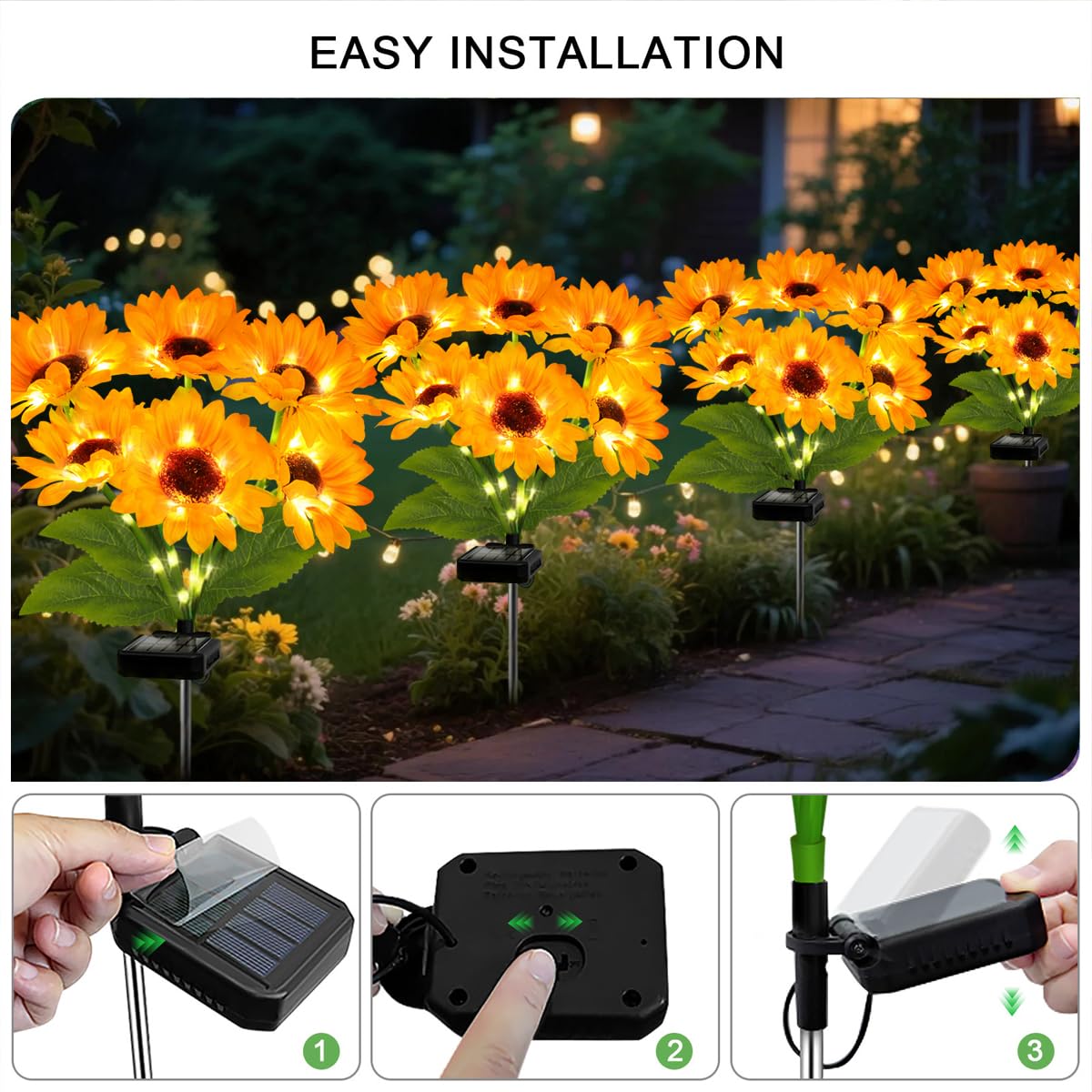 Confezione da 2 luci solari da giardino a forma di girasole, luce bianca calda, a LED, per esterni, per cortile, patio, prato, vialetto, impermeabile IP65, regalo ideale per donne, mamma