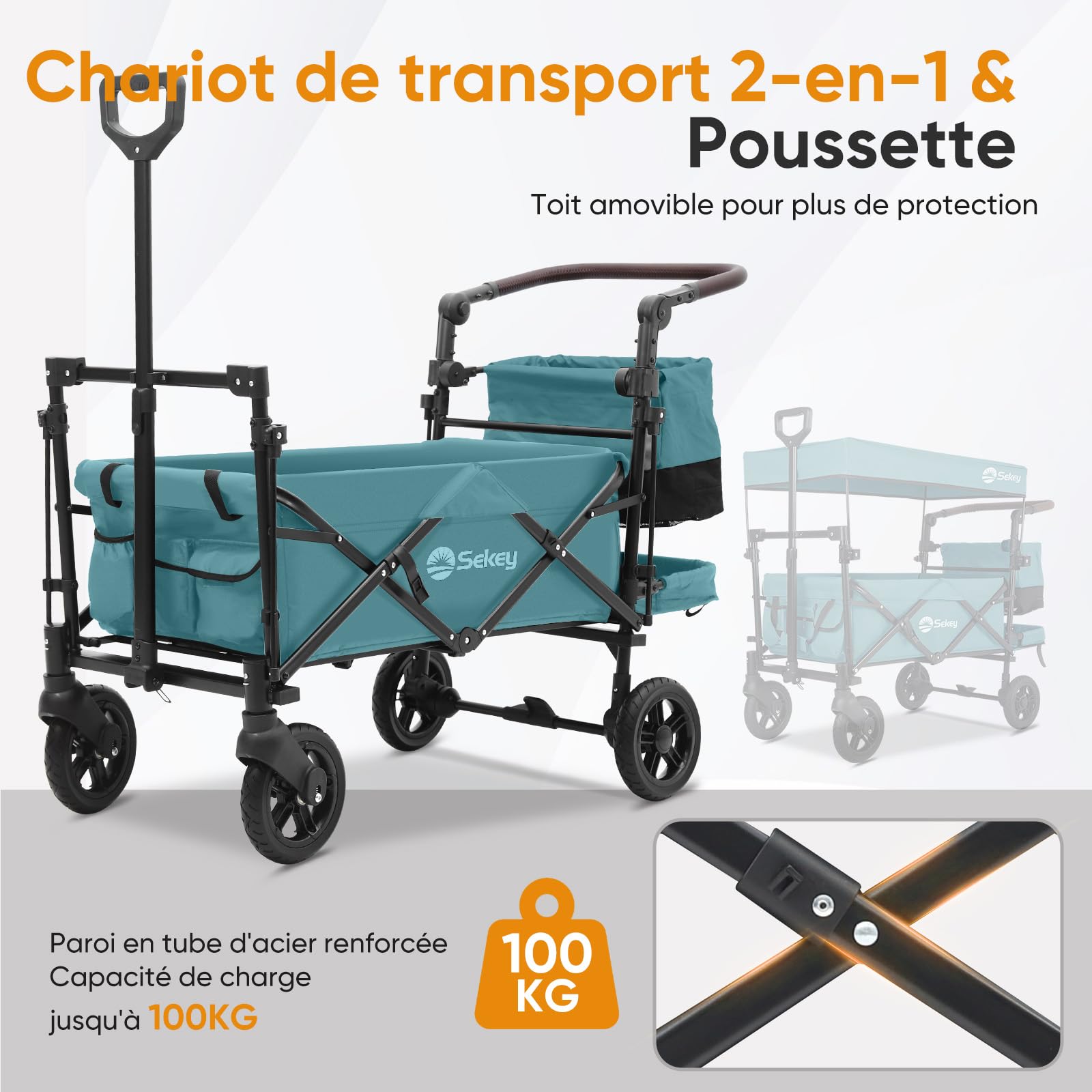 Sekey TP5050 - Chariot Pliable pour Enfant - Capacité de Charge de 150 kg - avec poignée et Freins - Vert foncé