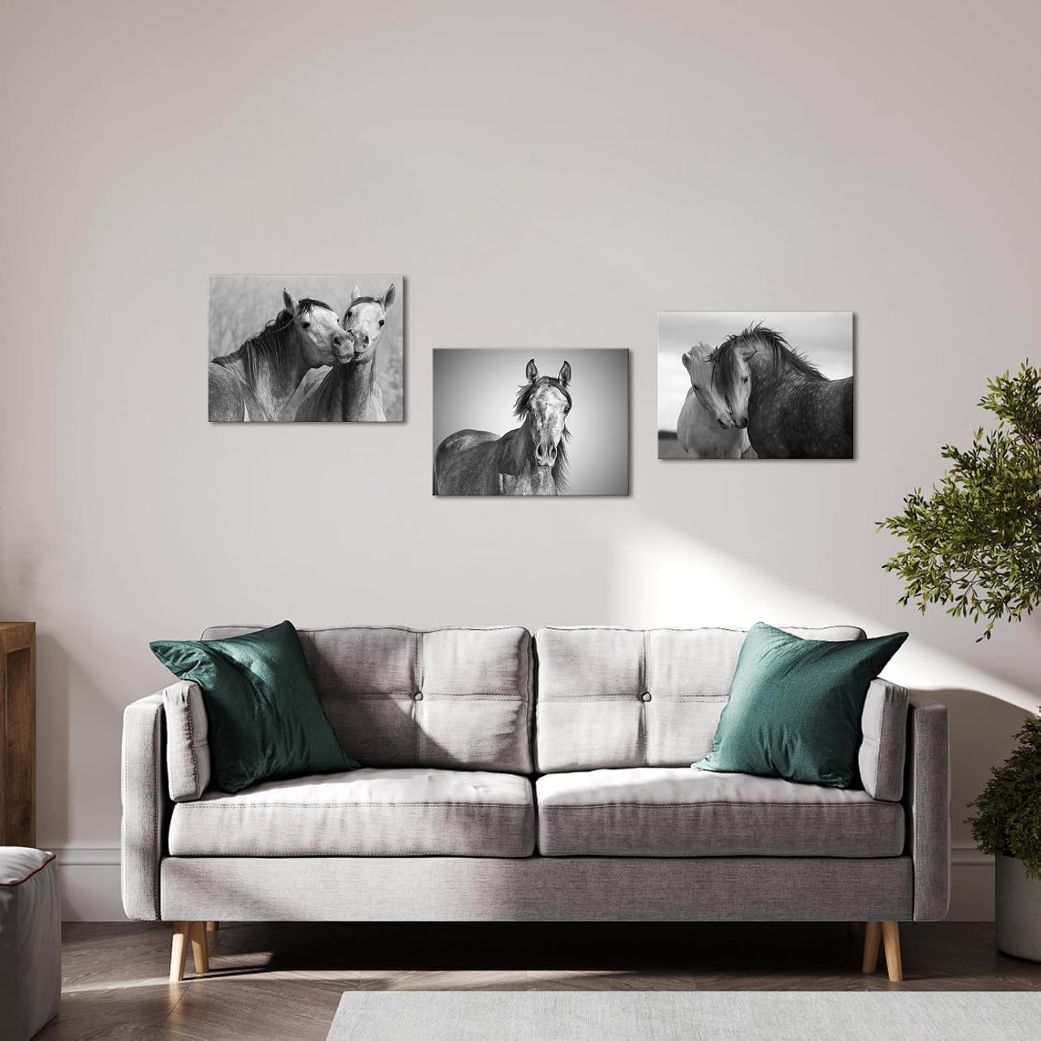 VANSEEING 3 Panels Black and White Horse Picture Wall Decor Animals Canvas Wall Art Romantic Horse Painting Artwork for Living Room Bedroom Office Home 16"x12"x3Pcs
