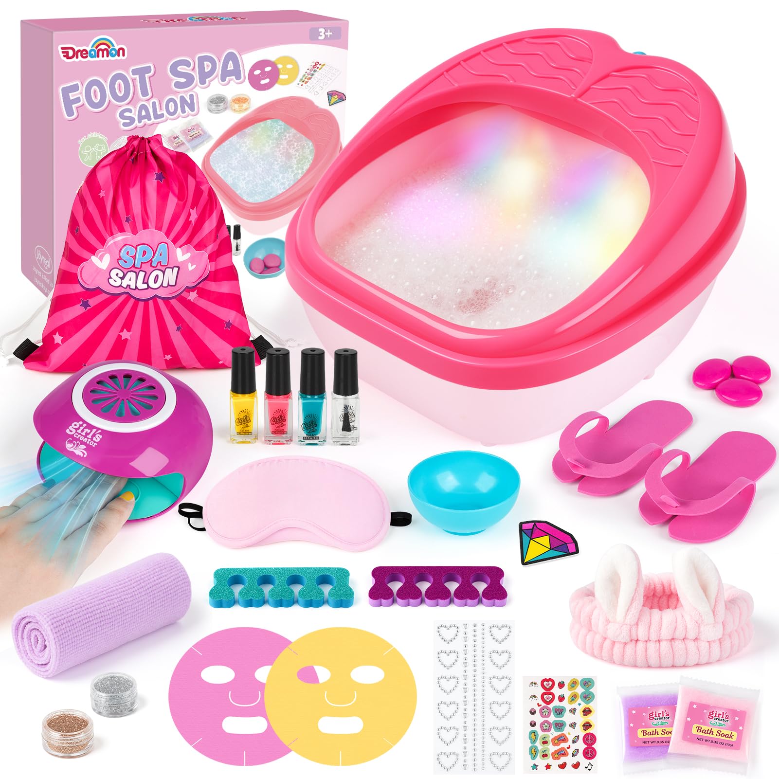 Dreamon Spa Pieds Enfants pour Filles – Spa Pédicure avec Changement de Couleur, Bain de Pieds, Séchoir à Ongles & Masque– Kit Spa Manucure & Pédicure 27 Pièces – Cadeau Relaxant pour Enfants 6-12 Ans