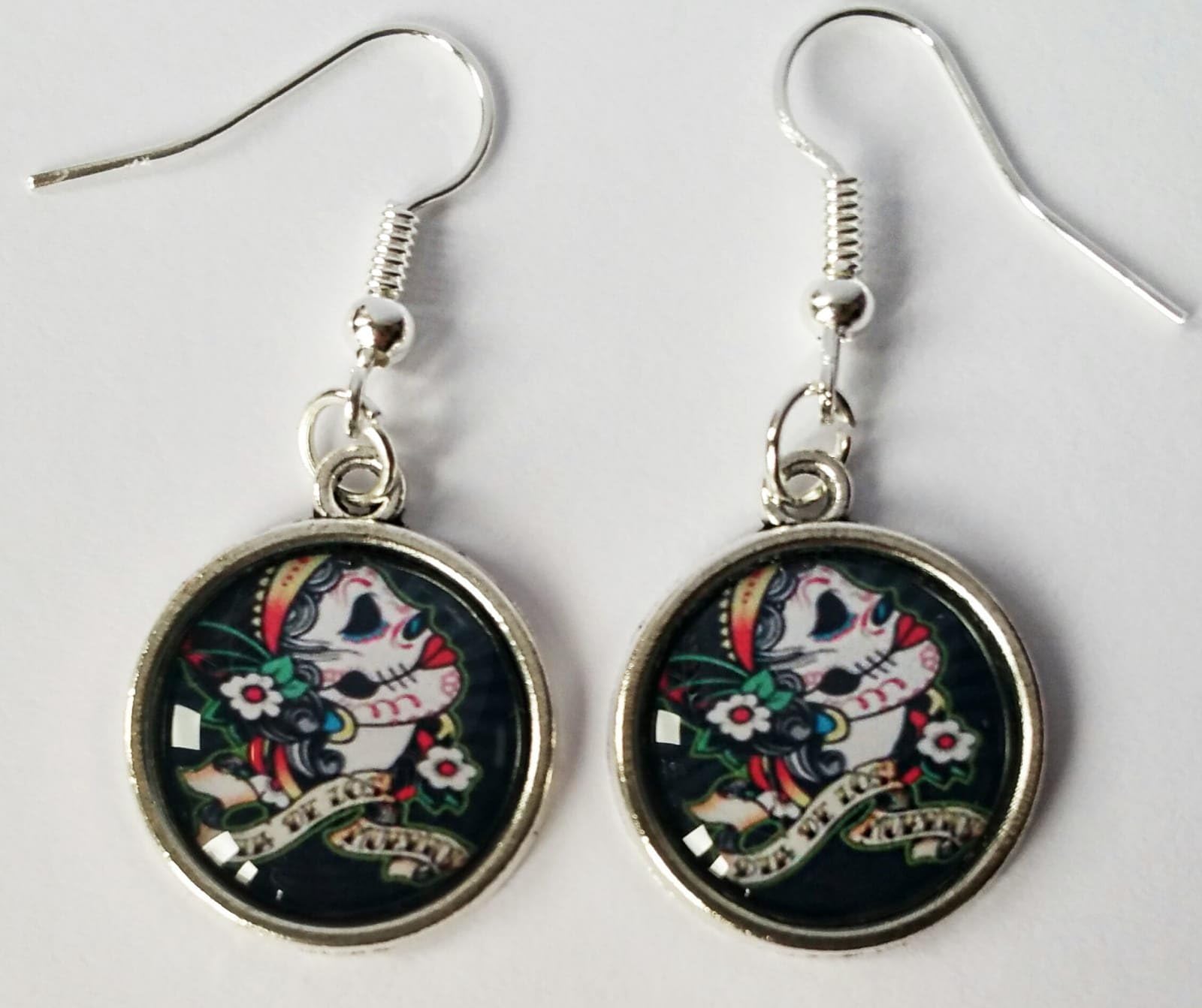 Sugar Skull Earrings Ear Hooks Jewellery Silver Tone Mexican Day Of The Dead NEW