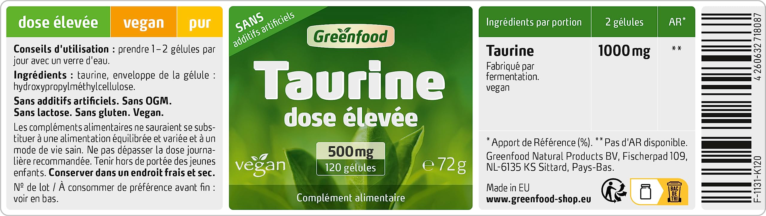 Greenfood Taurine, 500 mg, dose élevée, 120 gélules - SANS additifs artificiels. Sans organisme génétiquement modifié. Vegan