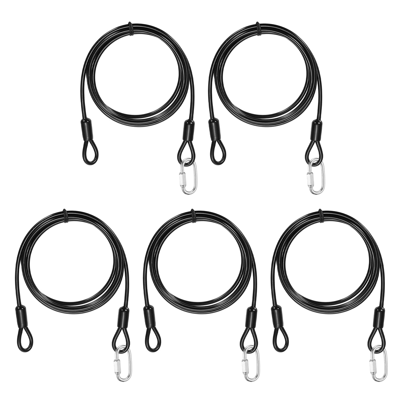 PATIKIL Security Cable Lock (4mm x 1.5m, 4.9ft, Black)(5 Set) Vinyl Coated 304 Stainless Steel Double Loop Flexible Wire Rope Safety Cable with Quick Links Locking Connectors