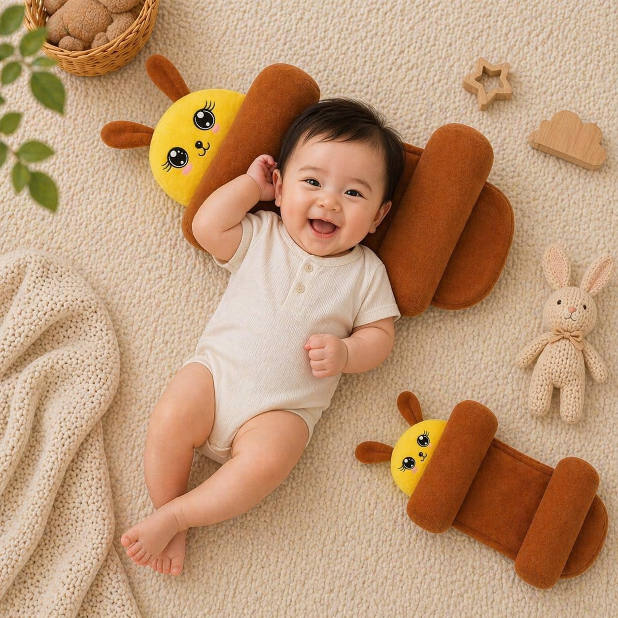 Baby Sleeping Support Pillow with Side Rollers | Newborn Safety Sleeping Pillow Set | Soft Cotton Infant Neck Pillow for 0–12 Months | Head Cushion for Baby Boys & Girls (Brown)-image-29