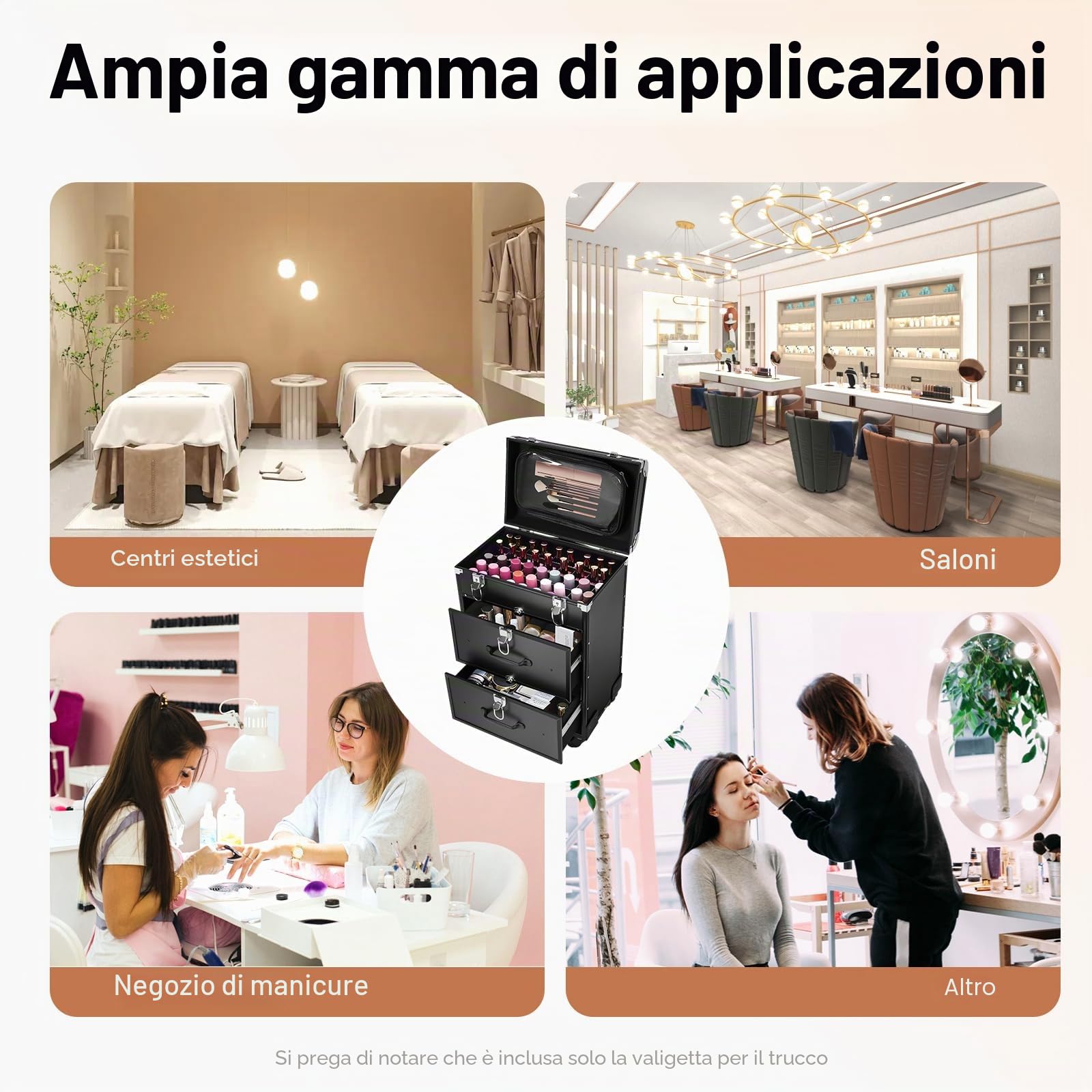 Valigia cosmetica con ruote in alluminio con serrature - Grande valigia per trucchi - Organizzatore per i viaggi - Per nail art e acconciature - 36 x 23 x 58 cm, Nero, retrò