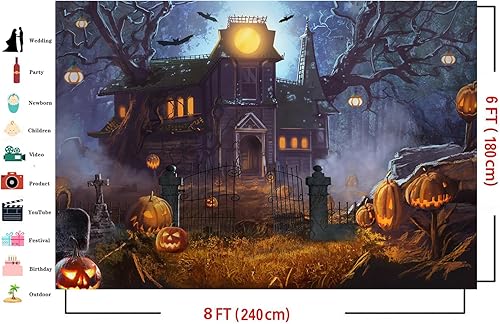 Miniatura 5 de Dudaacvt Telón de fondo de Halloween de 8 x 6 pies, noche de terror, luna, cementerio, calabaza, farol, telón de fondo para Halloween, niños,