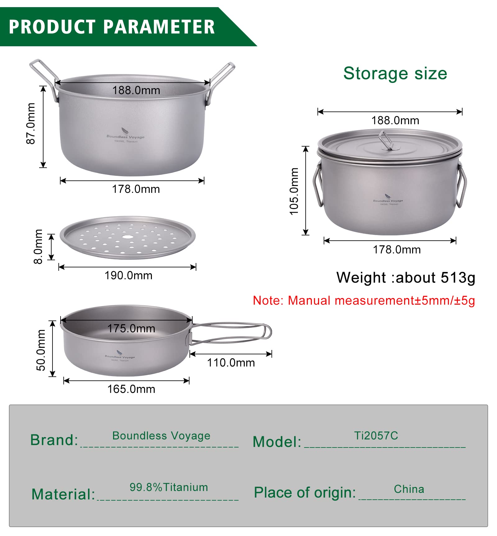 iBasingo Tytanowy garnek na zupę na parze patelnia z pokrywką naczynia kempingowe 1900 ml i 900 ml na zewnątrz Wok taca na herbatę garnek lekki piórnik