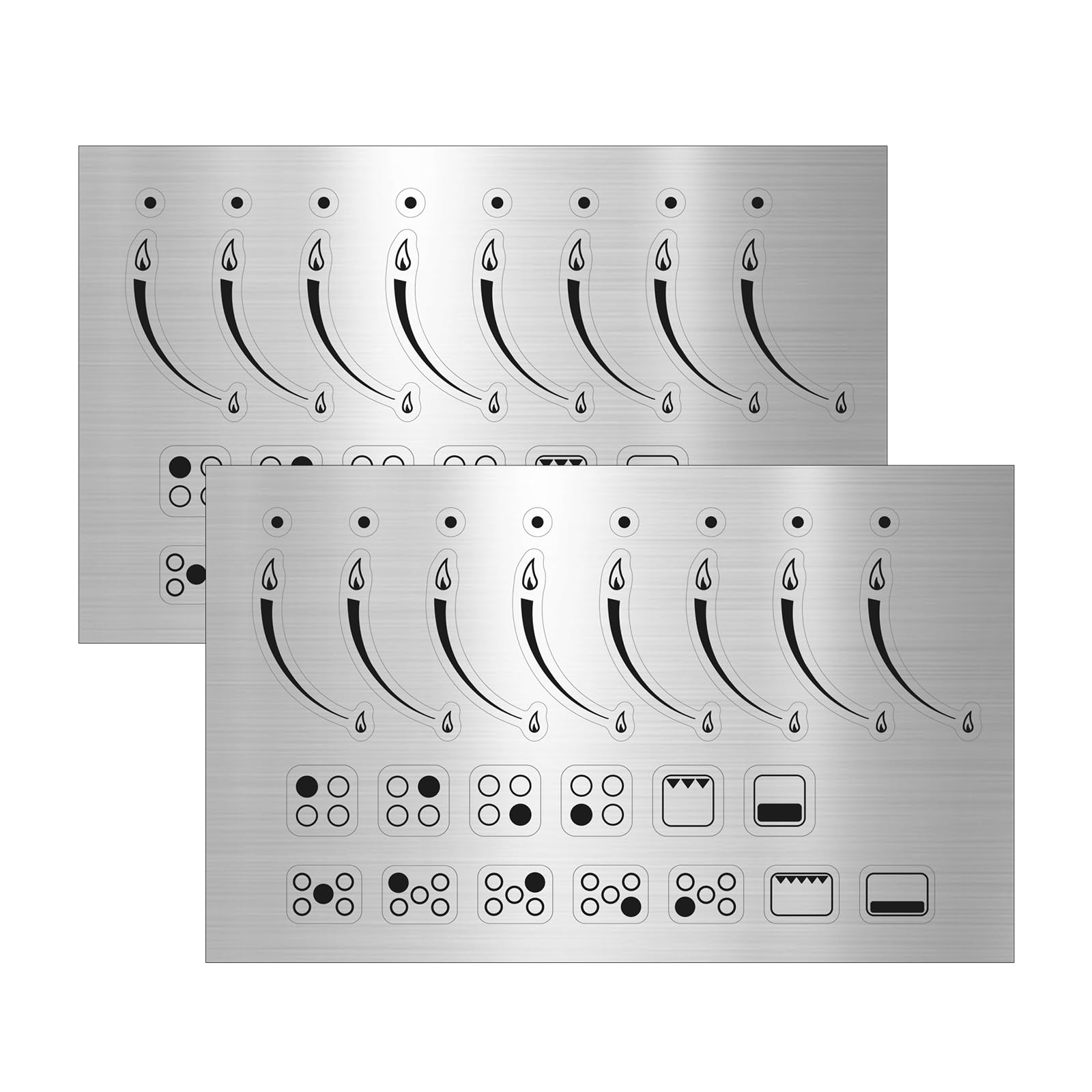 Cooker Gas hob Stickers Label repacement Markings, cooktop Stove Oven hob Ring Burner Controls Decals Symbols (Pack of 2 Silver Sticker Sheets)