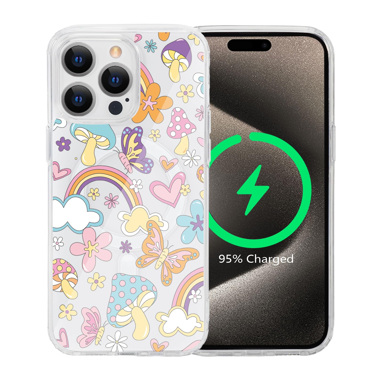 Tcaraersing for iPhone 15 Pro Max Flower Magnetic Case Compatible with MagSafe Floral Pattern Clear Shockproof PC Back Soft TPU Edge Slim Cover for