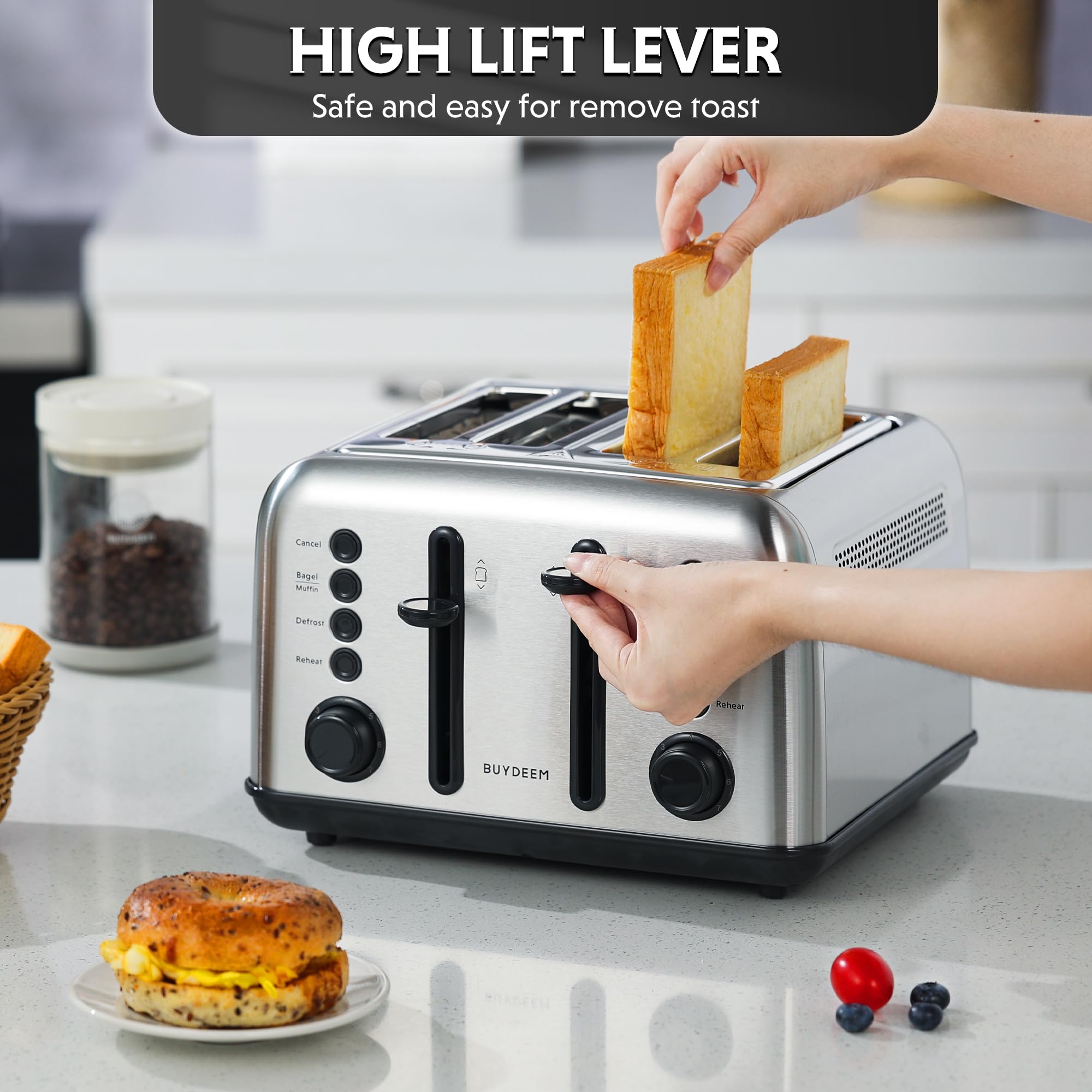 BUYDEEM DT640 4-Slice Toaster, Extra Wide Slots, Retro Stainless Steel with High Lift Lever, Bagel and Muffin Function, Removal Crumb Tray, 7-Shade Settings,Mellow Yellow: 4-Slice Retro Silver