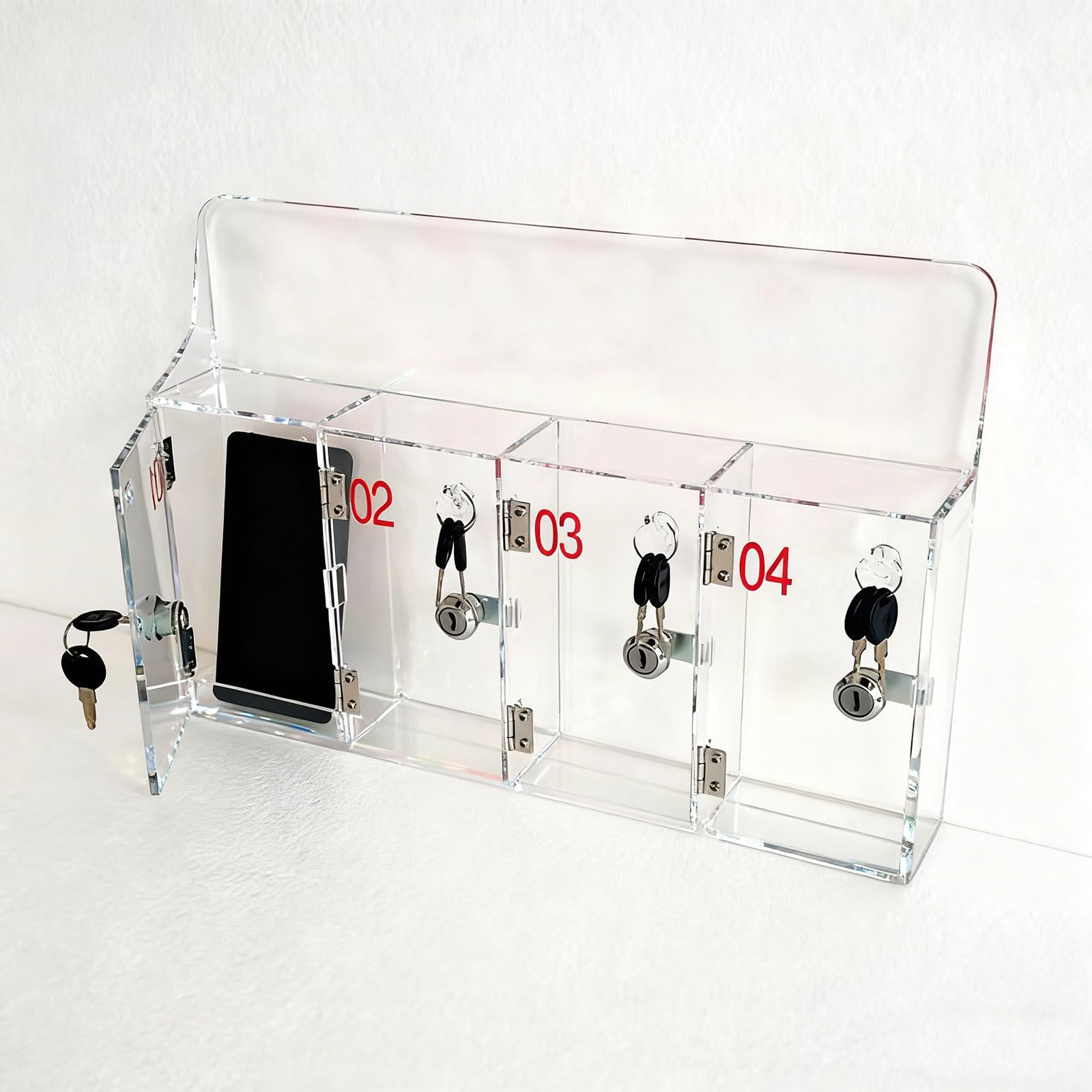uofgcru Mobile Phone Cabinet Box Cabinet Office Supplies Cell Phone Storage Desktop Transparent Acrylic Mobile Safe Deposit Box With Lock Type,42.5×7×19cm(4 Slot)