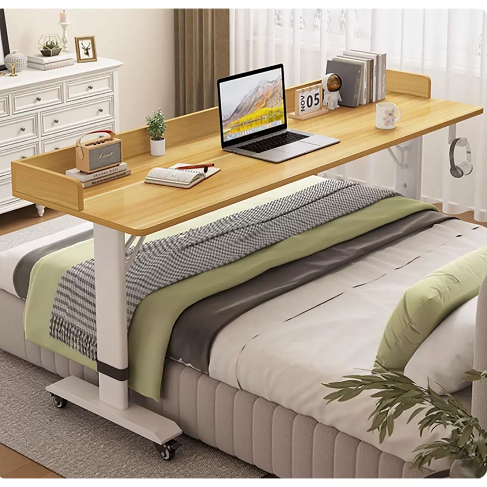 Table de lit sur roulettes pour télétravail, bureau mobile en bois et acier blanc 120 cm