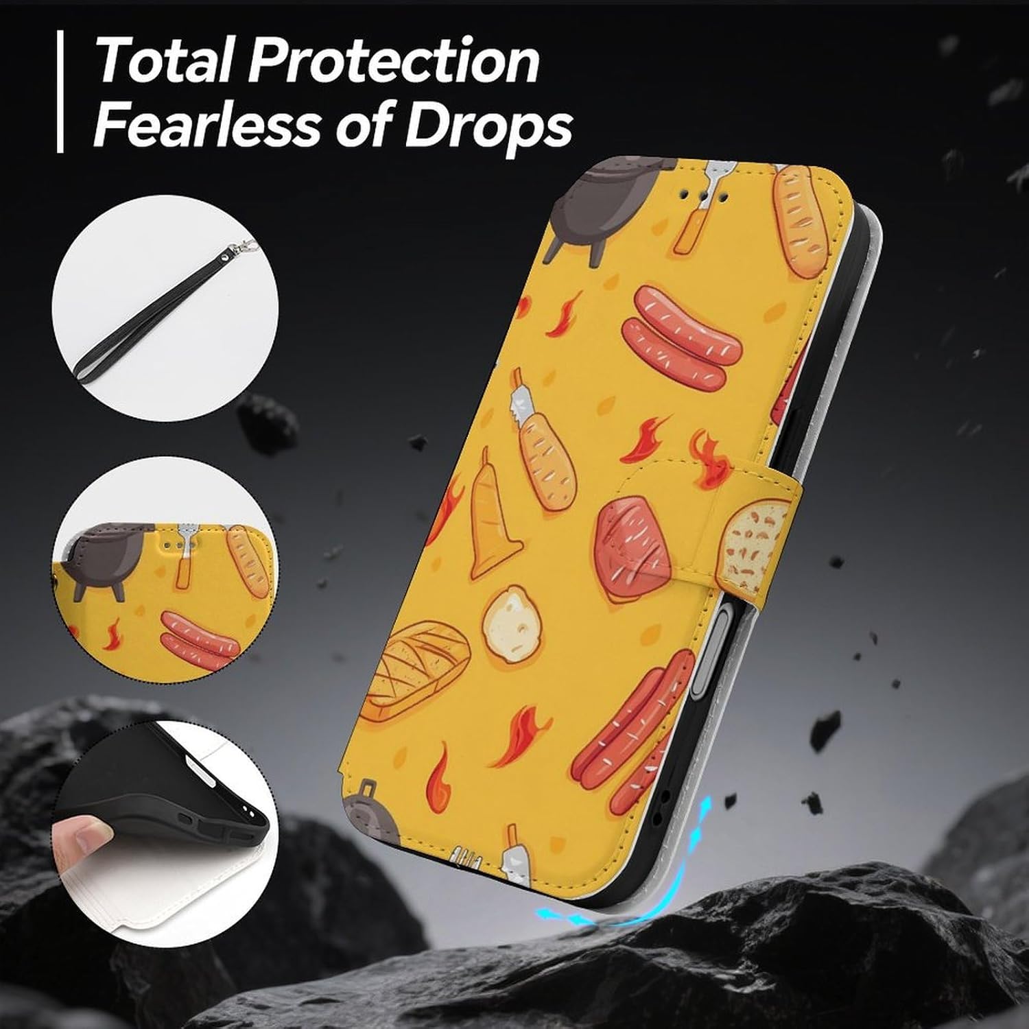 Barbecue Pattern Compatible with iPhone 16/16 Plus/16 Pro/16 Pro Max/16 E Case Phone Wallet Card Holder Flip Cover with Wrist Strap