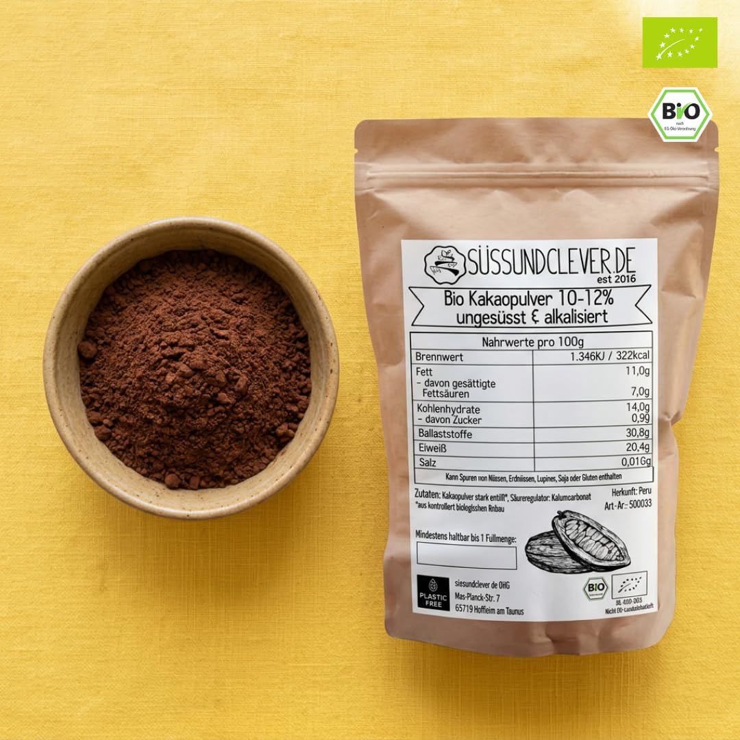 süssundclever.de® Bio Kakao Pulver | 1 kg | reines Kakaopulver, ungesüsst | stark entölt | hochwertiges Naturprodukt | plastikfrei und ökologisch-nachhaltig abgepackt