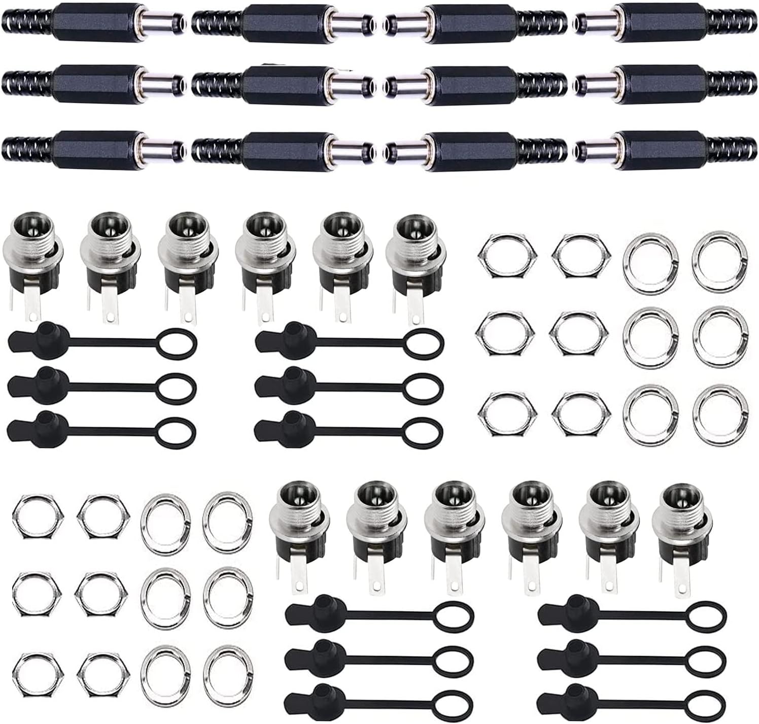 12Pcs 5.5MM x 2.5MM Male DC Power Plug Solder Power Jack Adapter Connector + 12 Pcs 5.5MM x 2.5MM Female DC Panel Socket Mount Adapter Solder+ 12Pcs Rubber Protector Caps for Audio/Video/Phone/CCTV