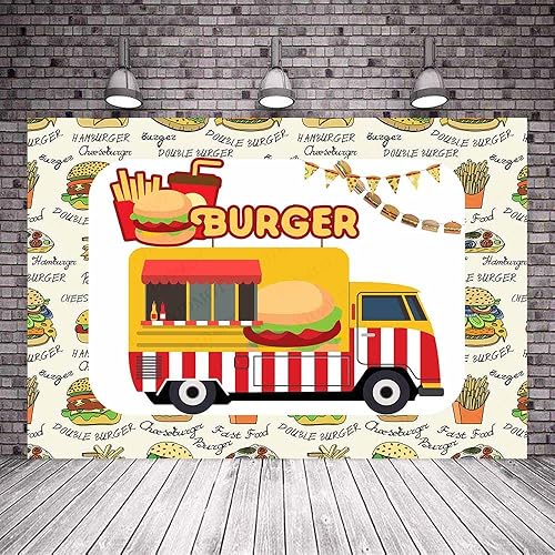 Miniatura 2 de Fondo de hamburguesa para cabina de comida, cena, fiesta, decoración de 7 x 5 pies, comida rápida, camión, papas fritas, bebidas, telón de fondo