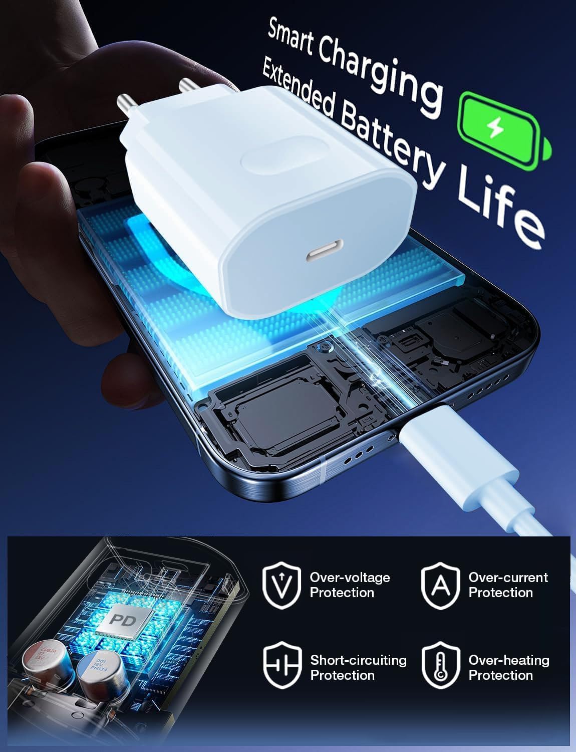 Ładowarka do szybkiego ładowania dla iPhone 17 16 15 Pro MAX Air Plus, iPad Pro/iPad Air, 27W USB C Ładowarka Wtyczka Szybki adapter zasilający z kablem 2M (niebieski)