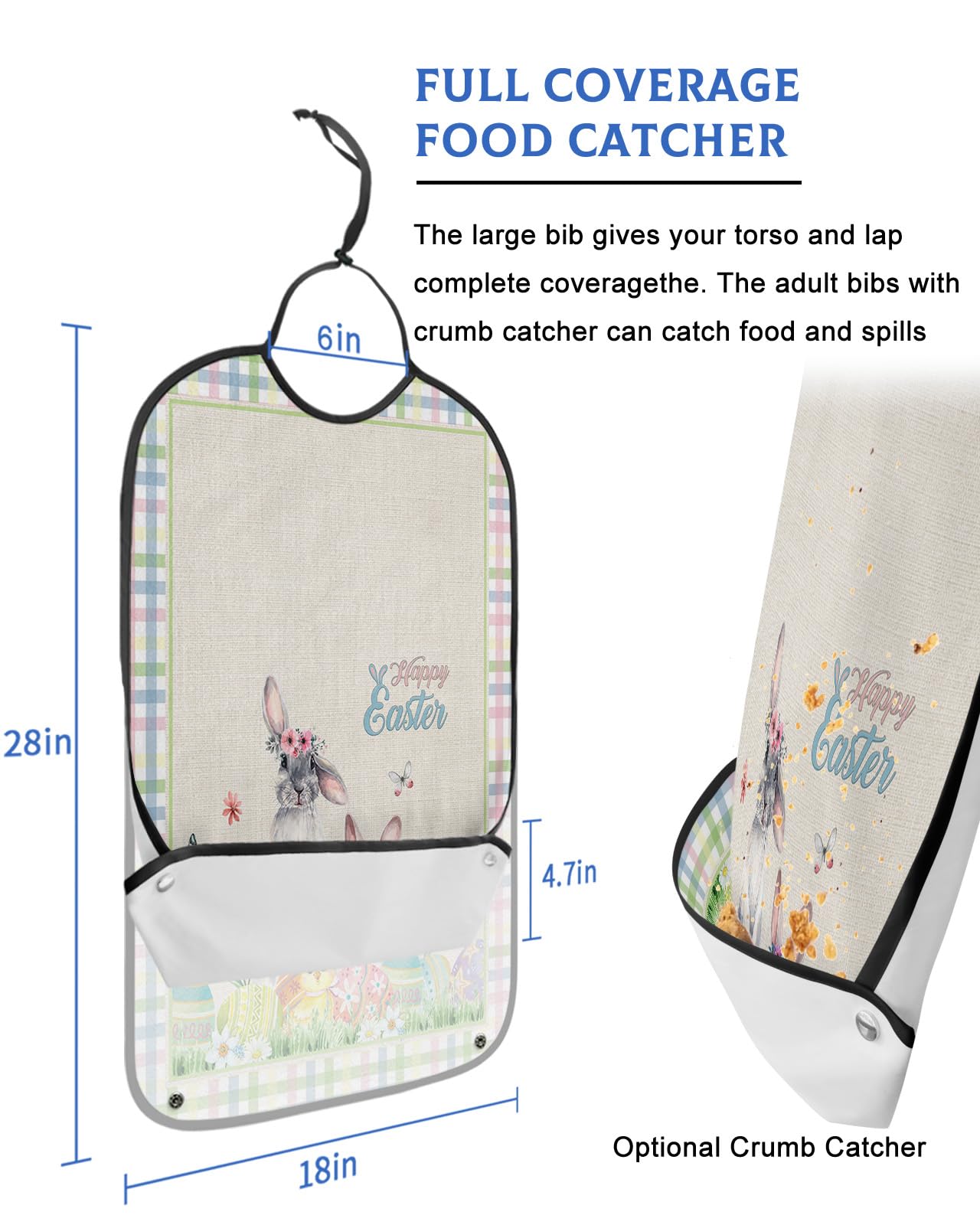 Kewadony Adult Bibs for Elderly Women - Easter Bunny Waterproof Dining Clothing Protectors with Crumb Catcher for Eating/Feeding, Sping Watercolor Flowers Eggs Colorful Buffalo Plaid Terry Cloth Bib