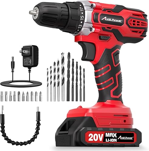 AVID POWER 20V MAX Power Drill Kit, Cordless Drill Set with Battery and Charger, 2 Variable Speed, 3/8-Inch Keyless Chuck, 19 Position and 22pcs Bits(1-red)
