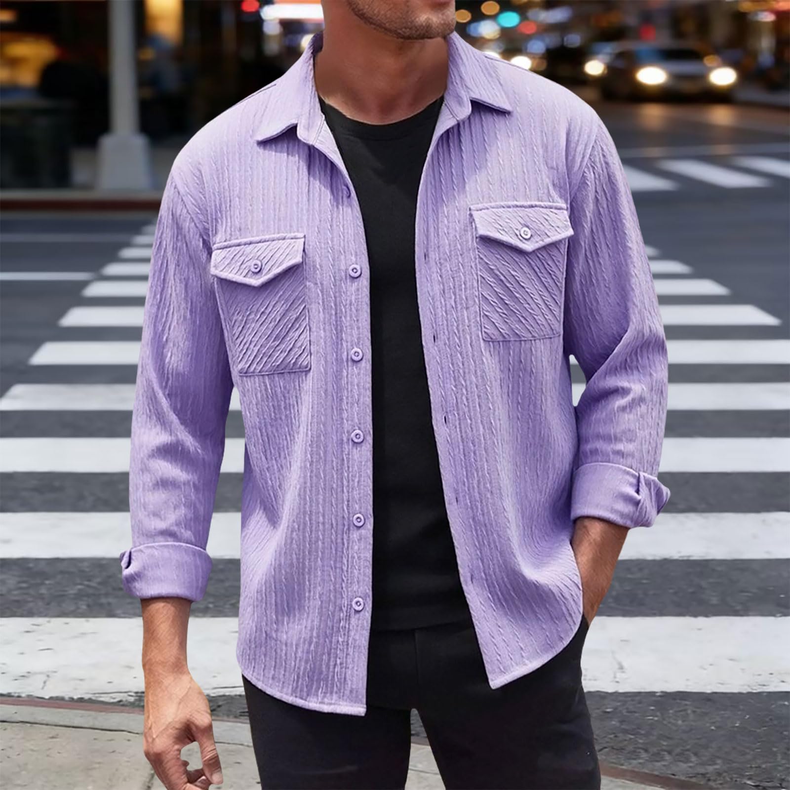 Herren Baggy Hemd Langarm Button Down Freizeithemd Regular Fit Hemdjacke Herbst Winter Mantel mit Klappentaschen