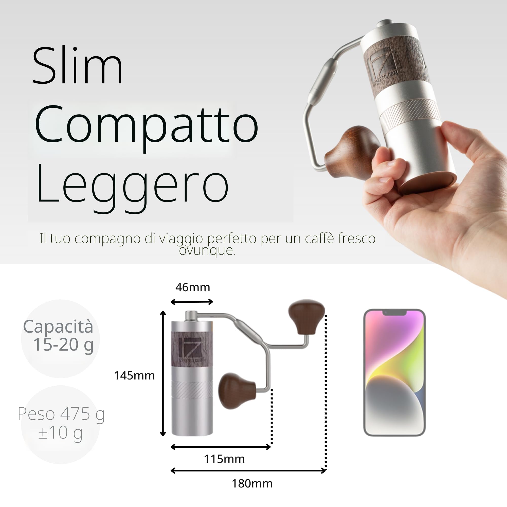 1Zpresso Q Macinacaffè manuale versione eptagonale slim misura da viaggio si adatta, assemblaggio in acciaio inox fresa conica, regolazione numerica regolabile grossolana per filtro