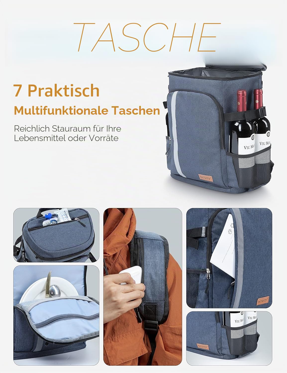 besrey Thermo-Rucksack, 30 l, Thermo-Rucksack, isoliert, hält Lebensmittel warm oder kalt, für Camping, Picknick, Grillen, Veranstaltungen (blau)