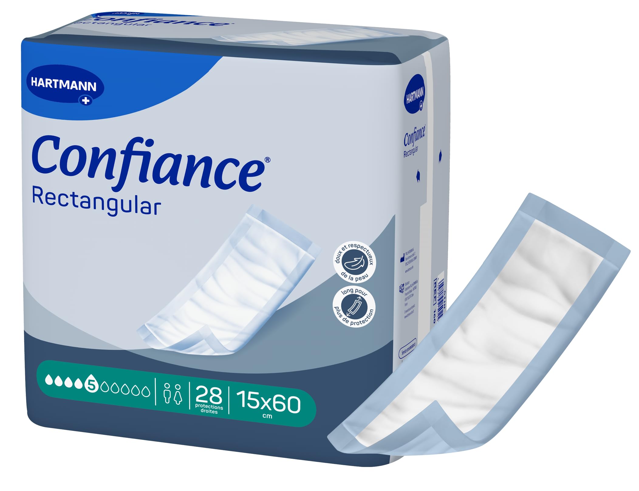 Confiance Prostokątne - Proste pieluchy dla mężczyzn i kobiet - Poziom absorpcji = 5 kropli (słaby odpływ moczu) - Przepuszczalne - 15x60 cm - 28 sztuk